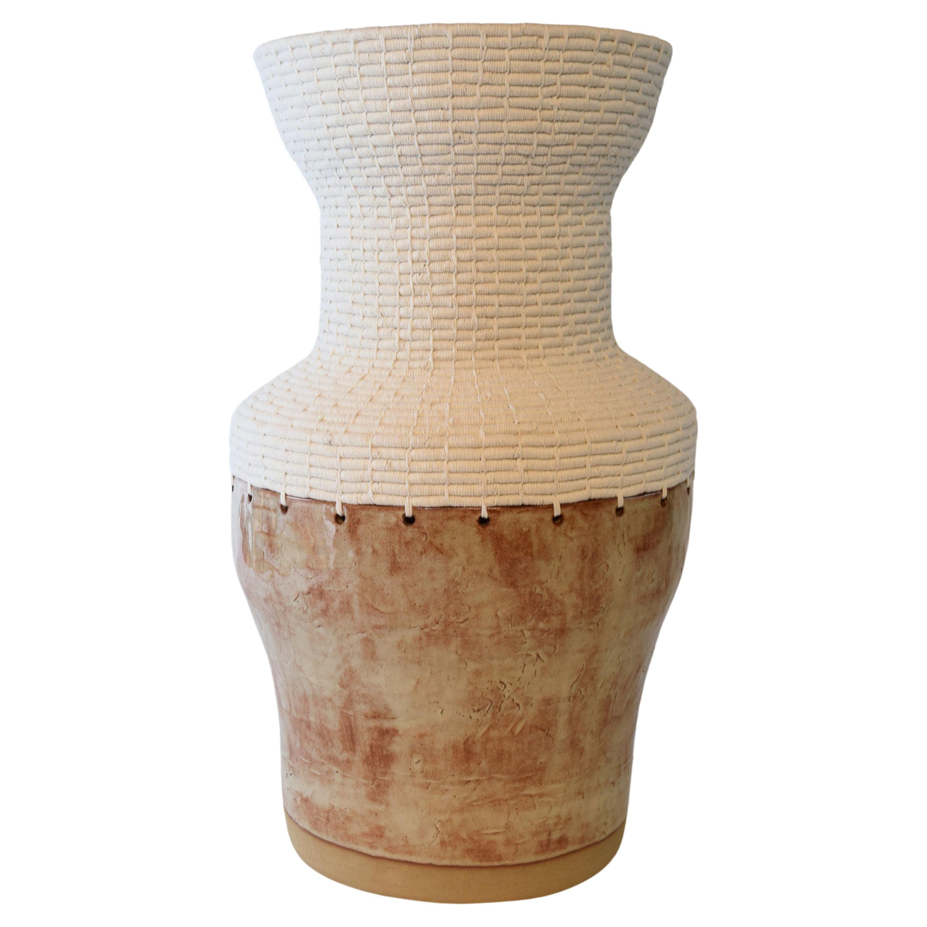 One of a Kind Ceramic & Fiber Vessel #760 - Shino Glaze, Woven White Cotton