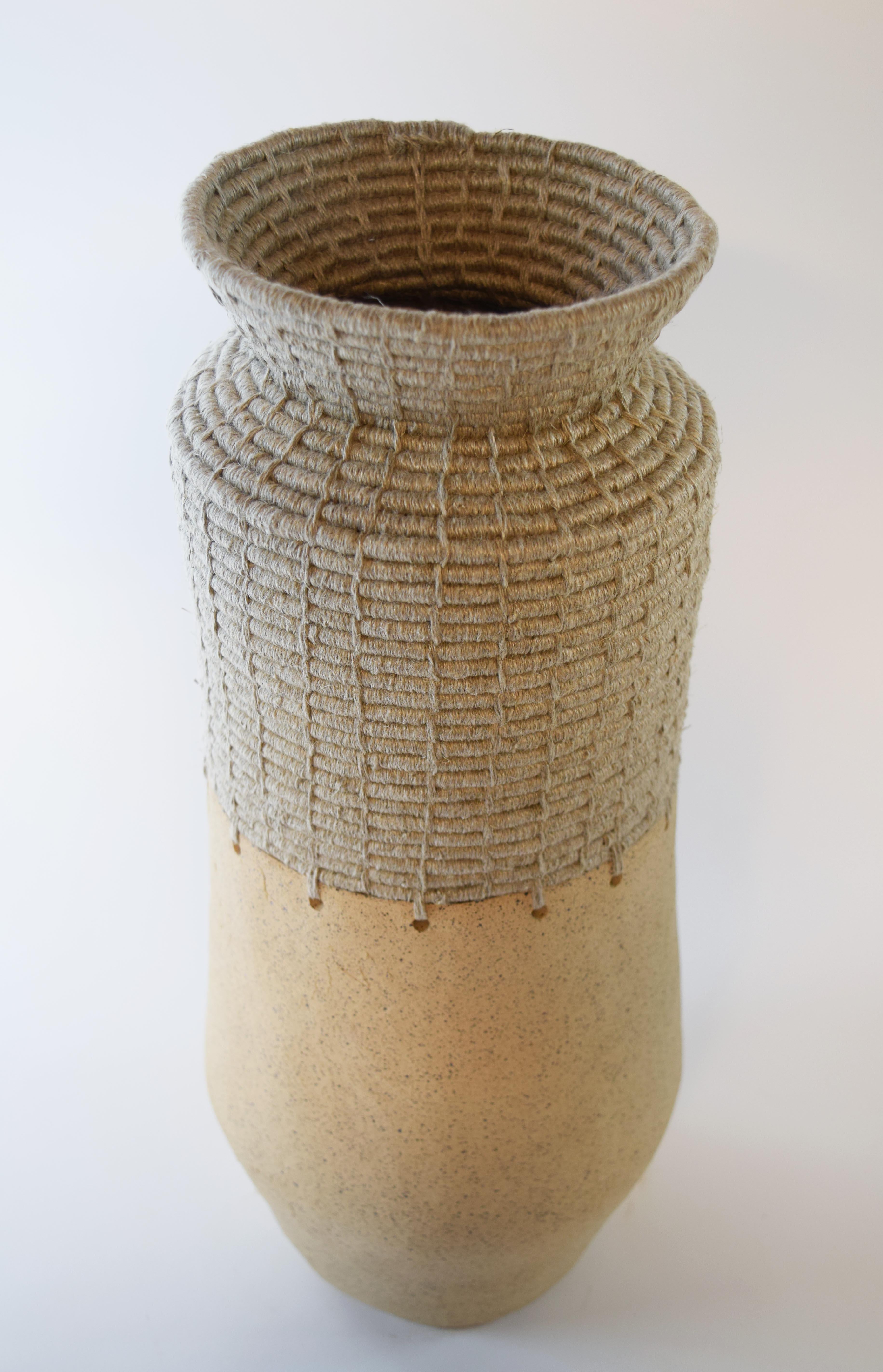 Organic Modern One of a Kind Ceramic & Fiber Vessel #763 - Speckled Clay, Woven Natural Linen