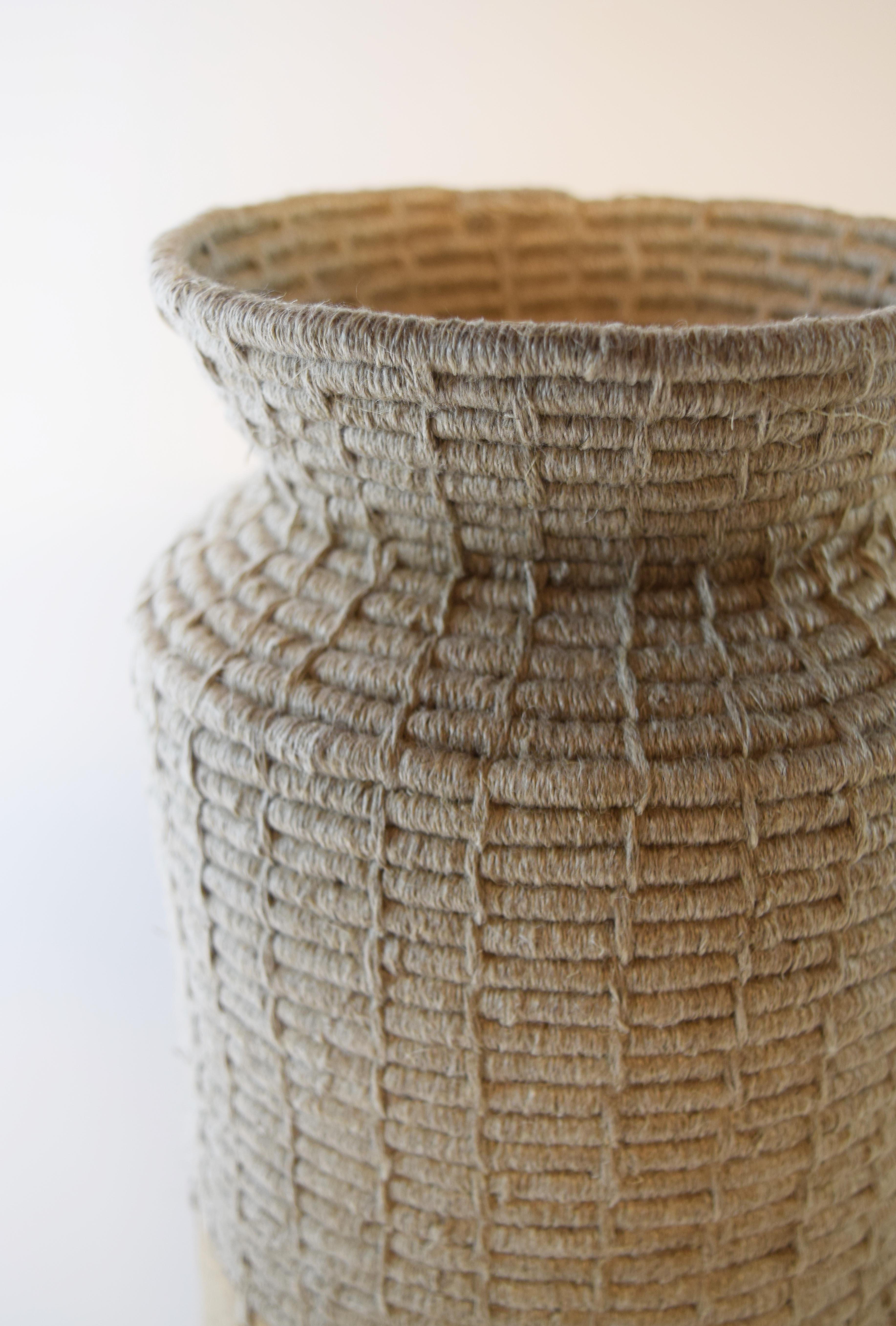 American One of a Kind Ceramic & Fiber Vessel #763 - Speckled Clay, Woven Natural Linen