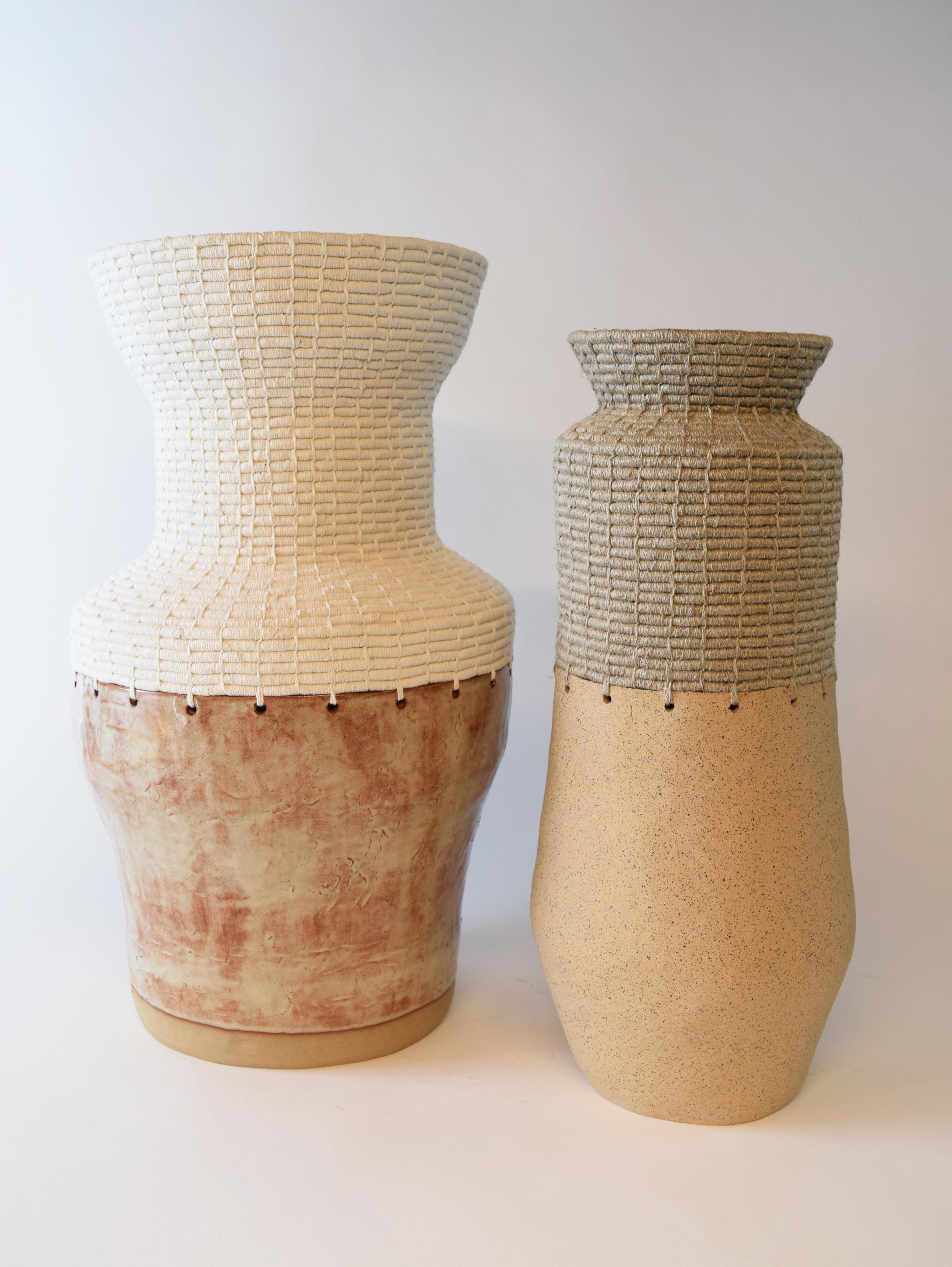 Hand-Crafted One of a Kind Ceramic & Fiber Vessel #763 - Speckled Clay, Woven Natural Linen