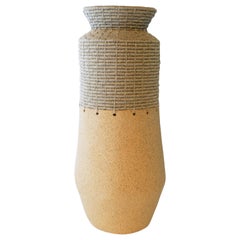 One of a Kind Ceramic & Fiber Vessel #763 - Speckled Clay, Woven Natural Linen
