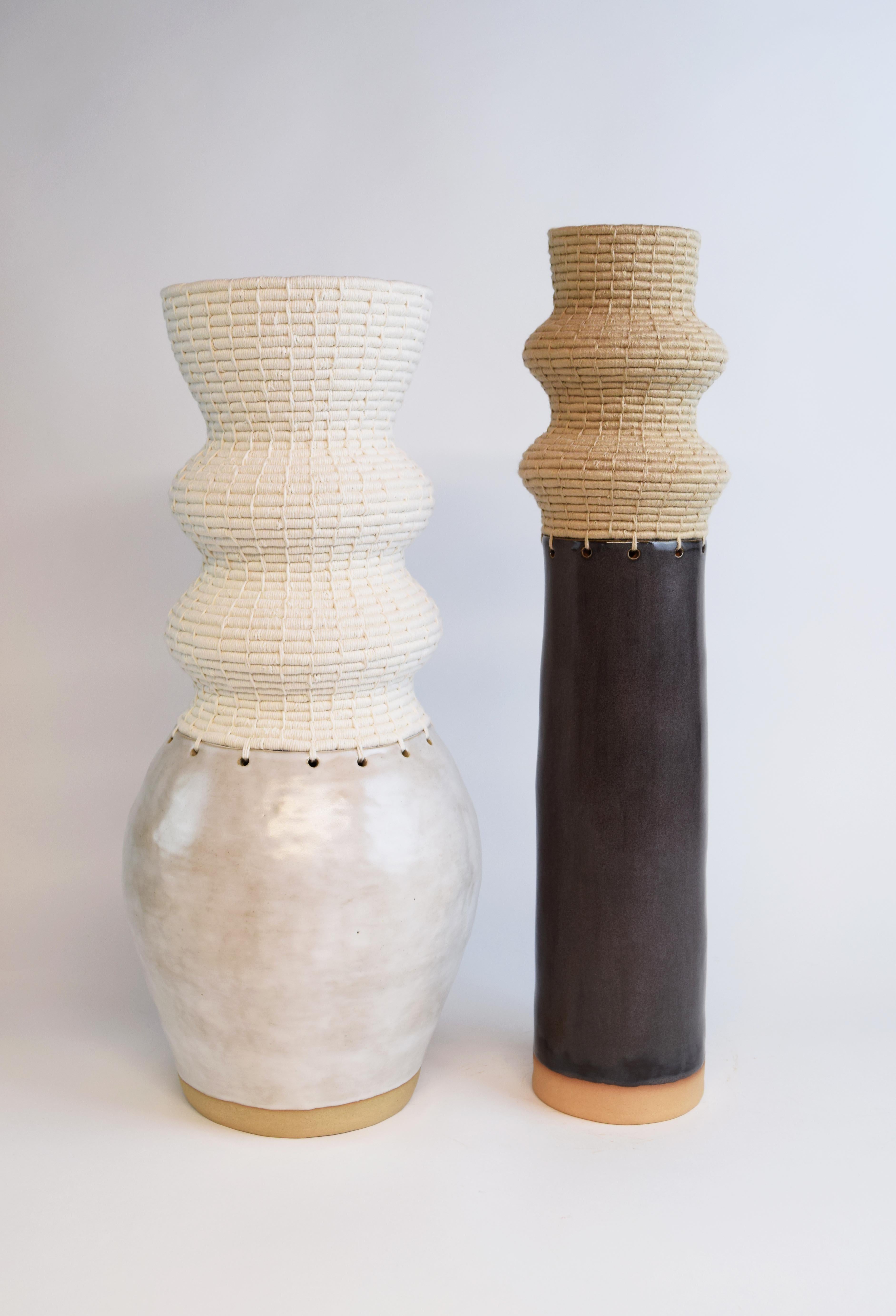 Hand-Crafted One of a Kind Ceramic & Fiber Vessel #814  - Charcoal Glaze & Tan Woven Cotton
