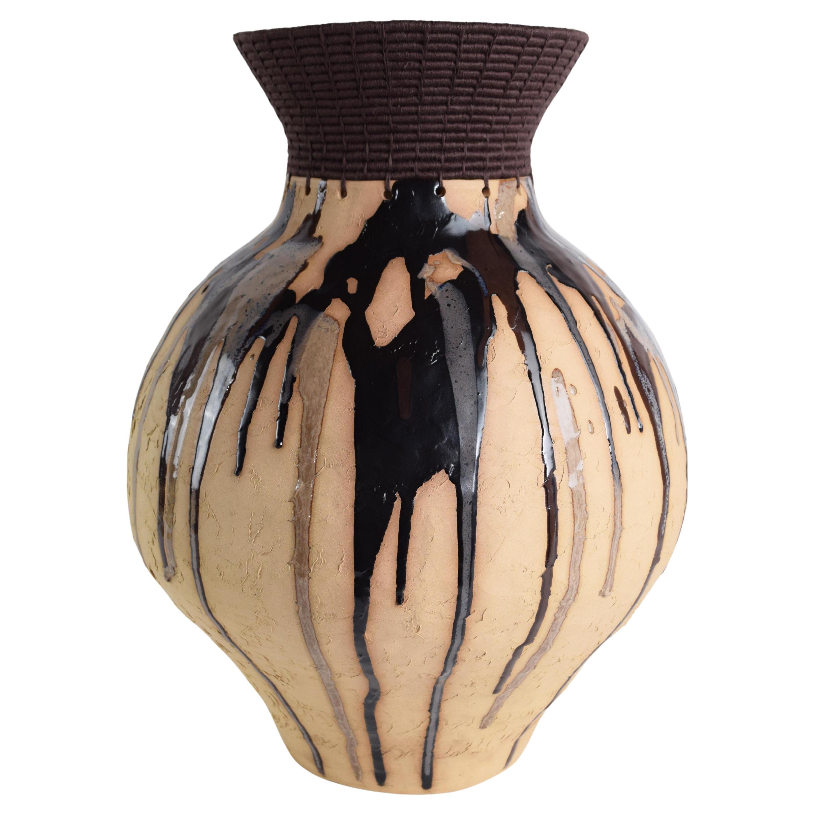 One of a Kind Ceramic & Fiber Vessel #838, Multitonal Glaze, Woven Brown Cotton