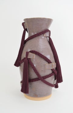 One of a Kind Ceramic & Fiber Vessel #851, Burgundy Glaze and Braided Cotton