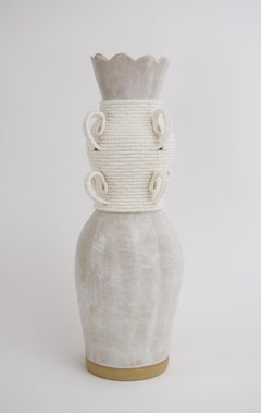 One of a Kind Ceramic & Fiber Vessel #852, Satin White Glaze, White Woven Cotton