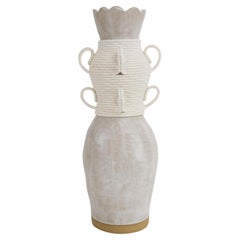 One of a Kind Ceramic & Fiber Vessel #852, Satin White Glaze, White Woven Cotton