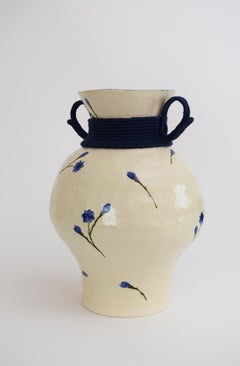 One of a Kind Ceramic & Fiber Vessel #855, Hand Painted Floral, Woven Cotton