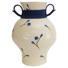 One of a Kind Ceramic & Fiber Vessel #855, Hand Painted Floral, Woven Cotton