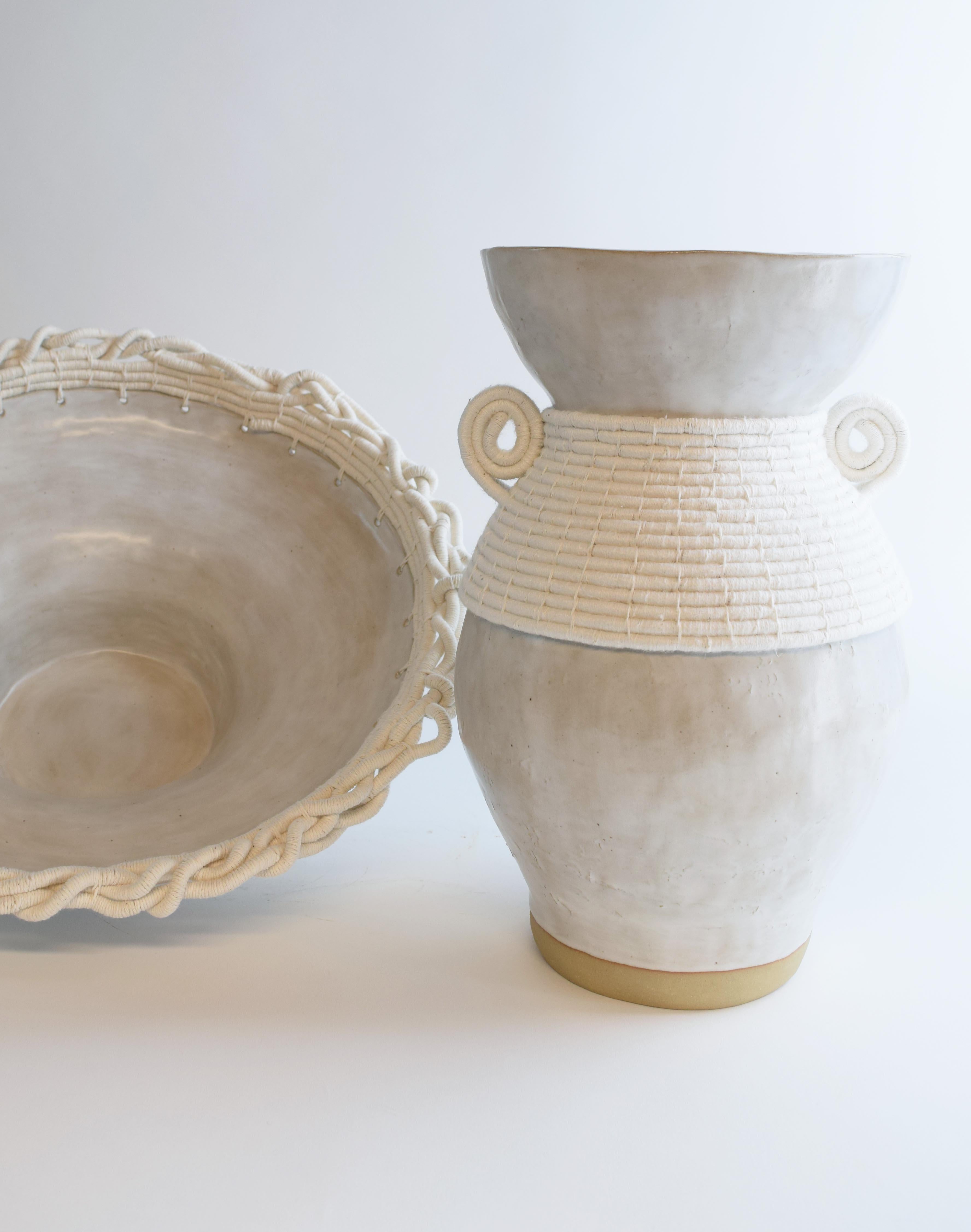 One of a Kind Ceramic Vase #766, Satin White Glaze & Woven Cotton Detail 3