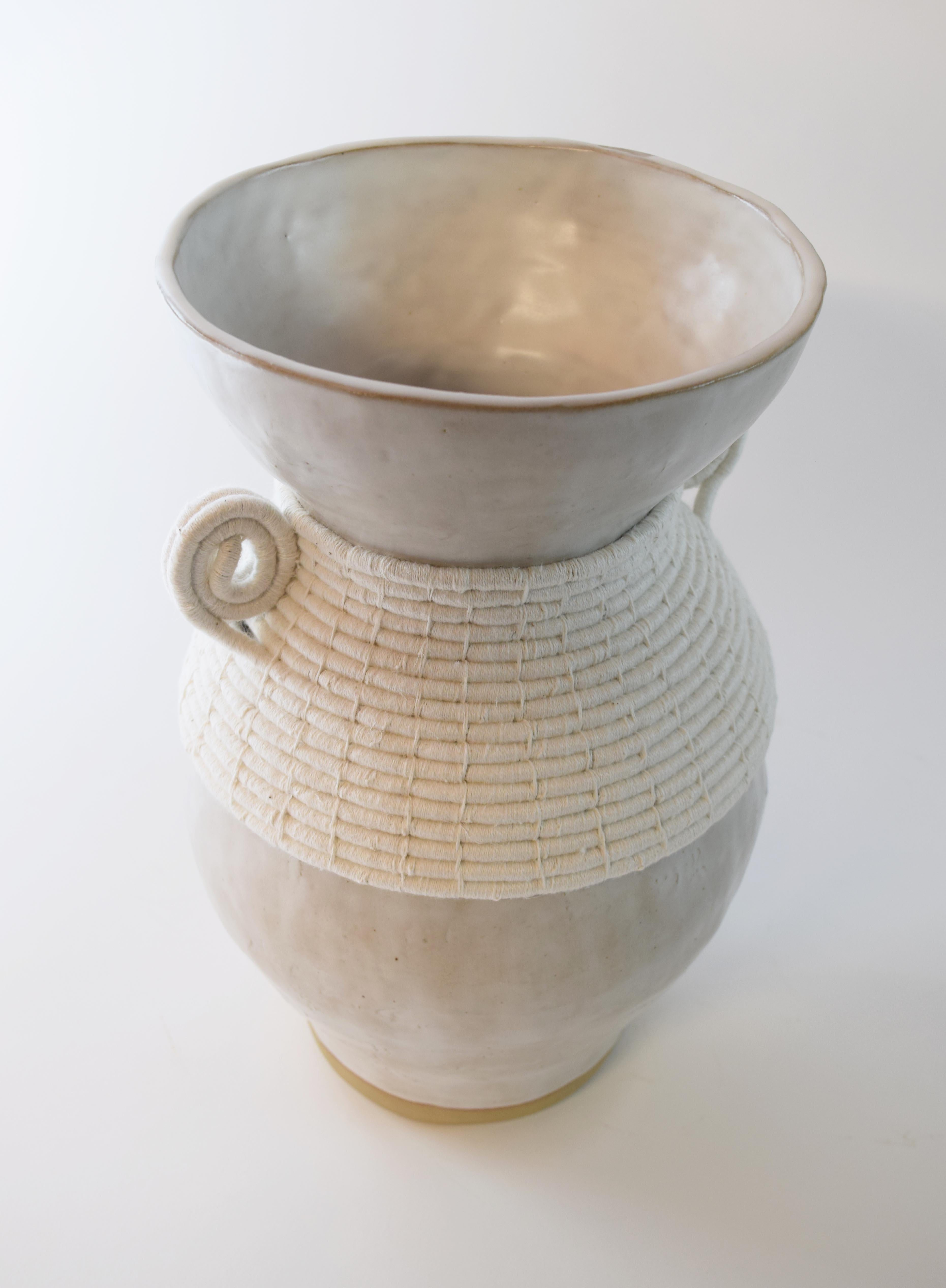 Organic Modern One of a Kind Ceramic Vase #766, Satin White Glaze & Woven Cotton Detail