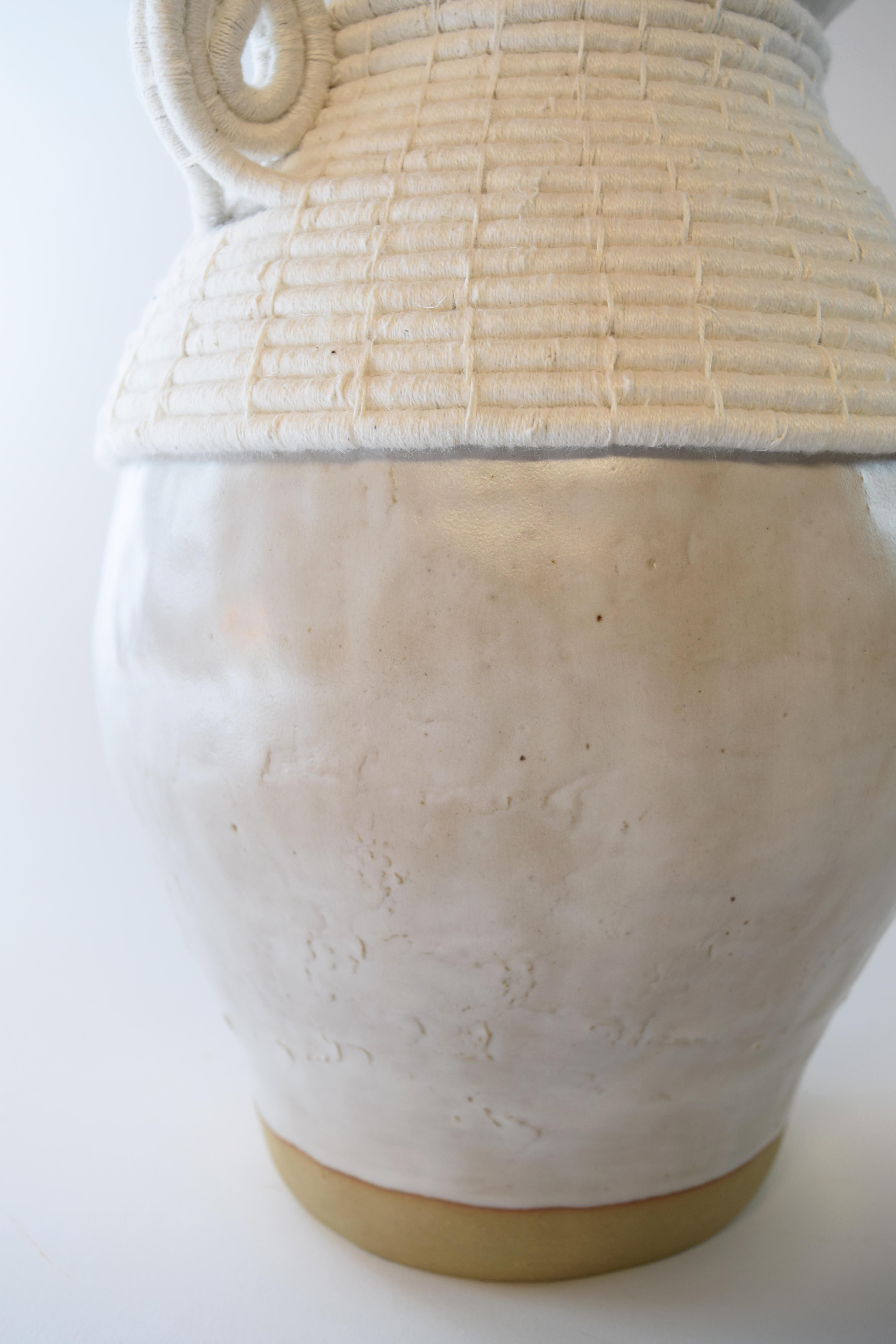 Hand-Crafted One of a Kind Ceramic Vase #766, Satin White Glaze & Woven Cotton Detail