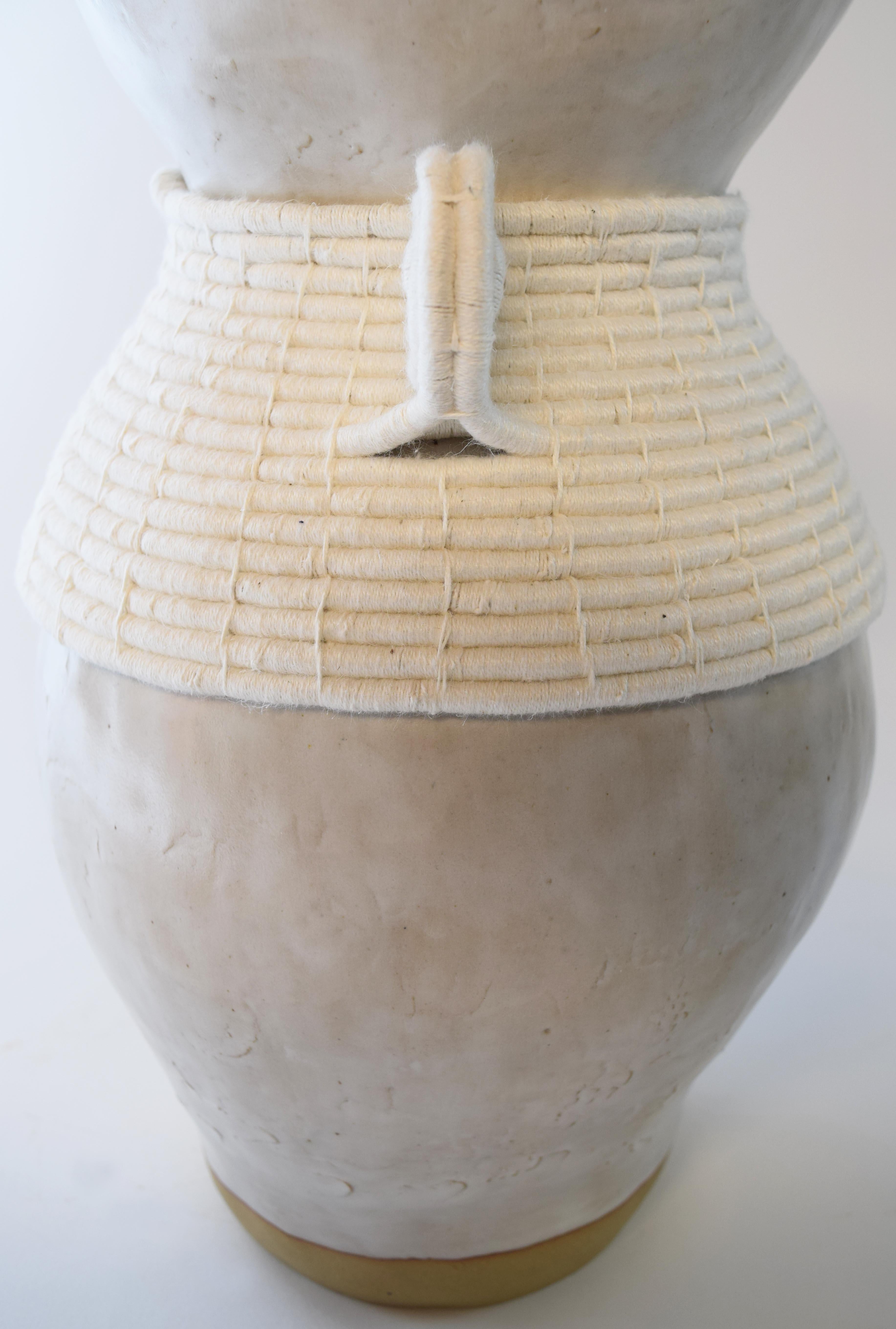 One of a Kind Ceramic Vase #766, Satin White Glaze & Woven Cotton Detail In New Condition In Proctorsville, VT