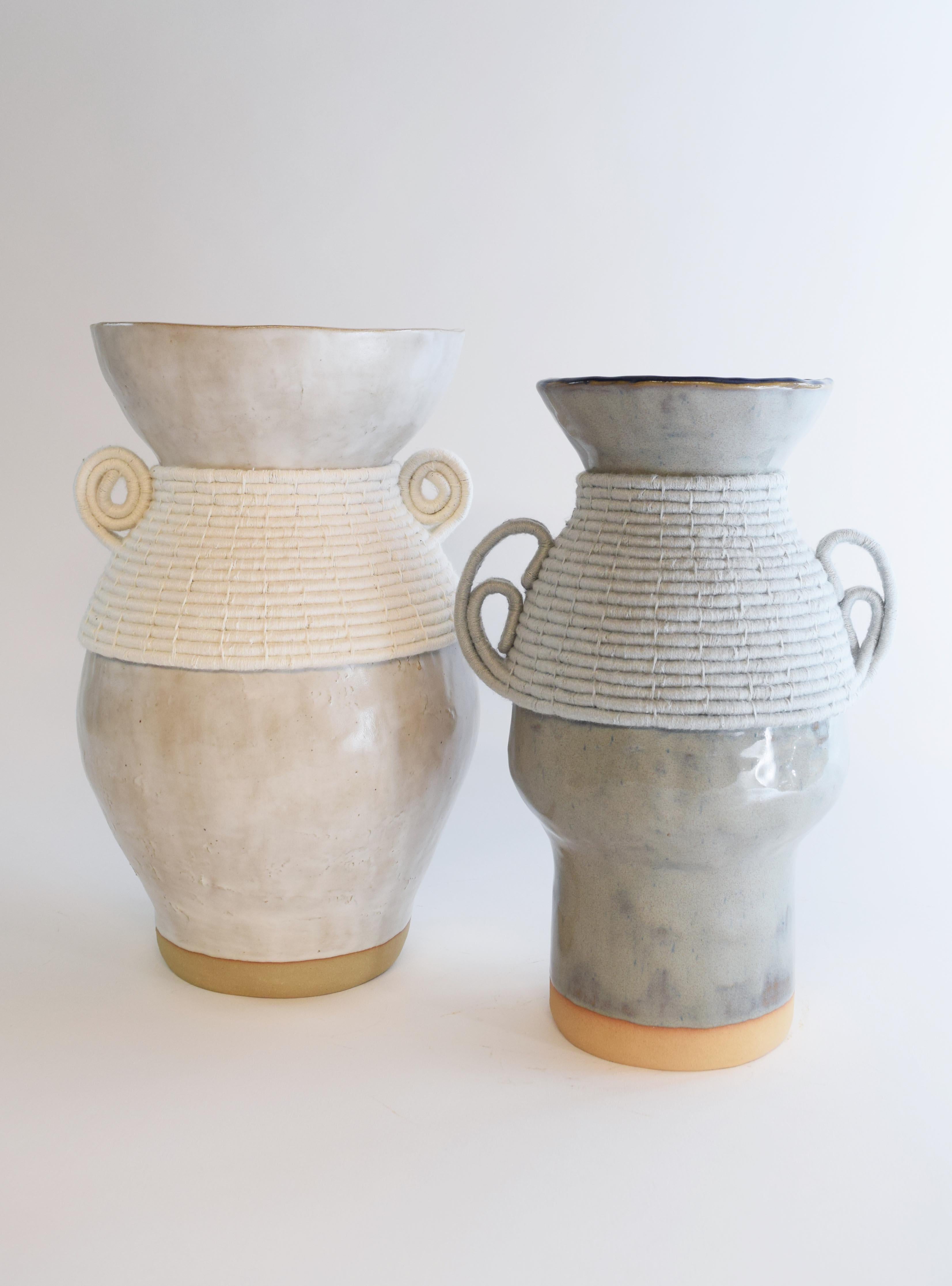 Contemporary One of a Kind Ceramic Vase #766, Satin White Glaze & Woven Cotton Detail
