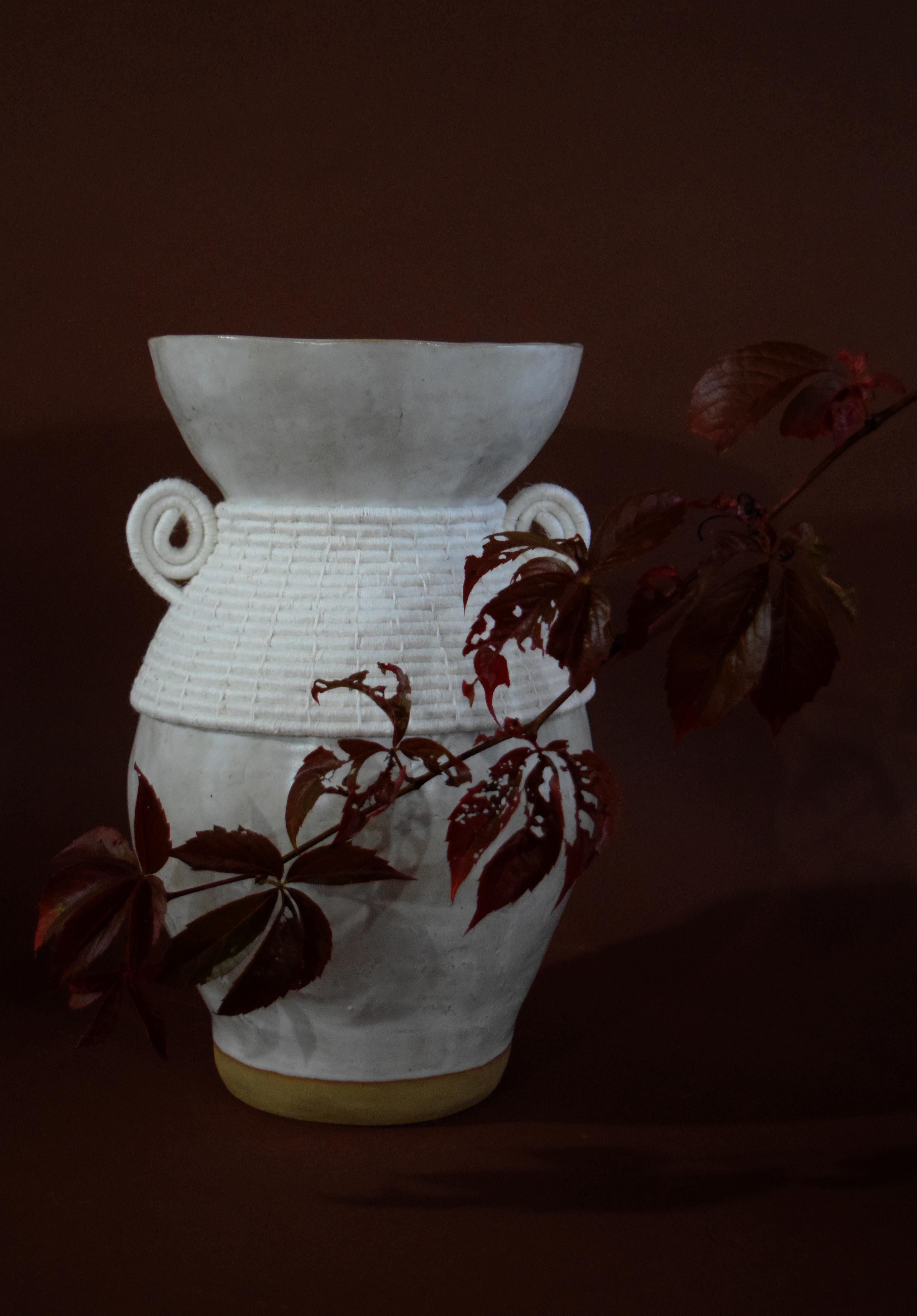 One of a Kind Ceramic Vase #766, Satin White Glaze & Woven Cotton Detail 1