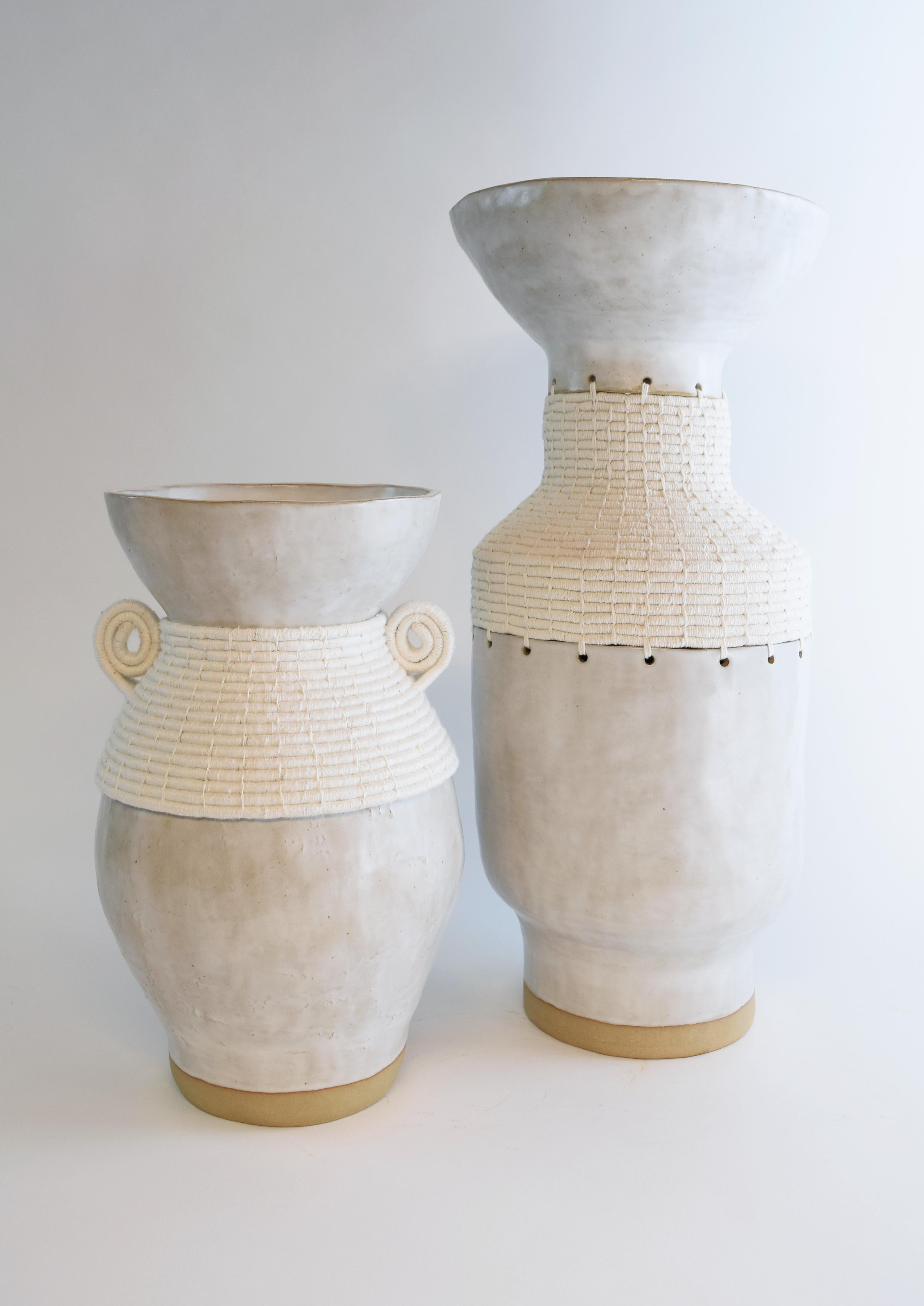 One of a Kind Ceramic Vase #766, Satin White Glaze & Woven Cotton Detail 2