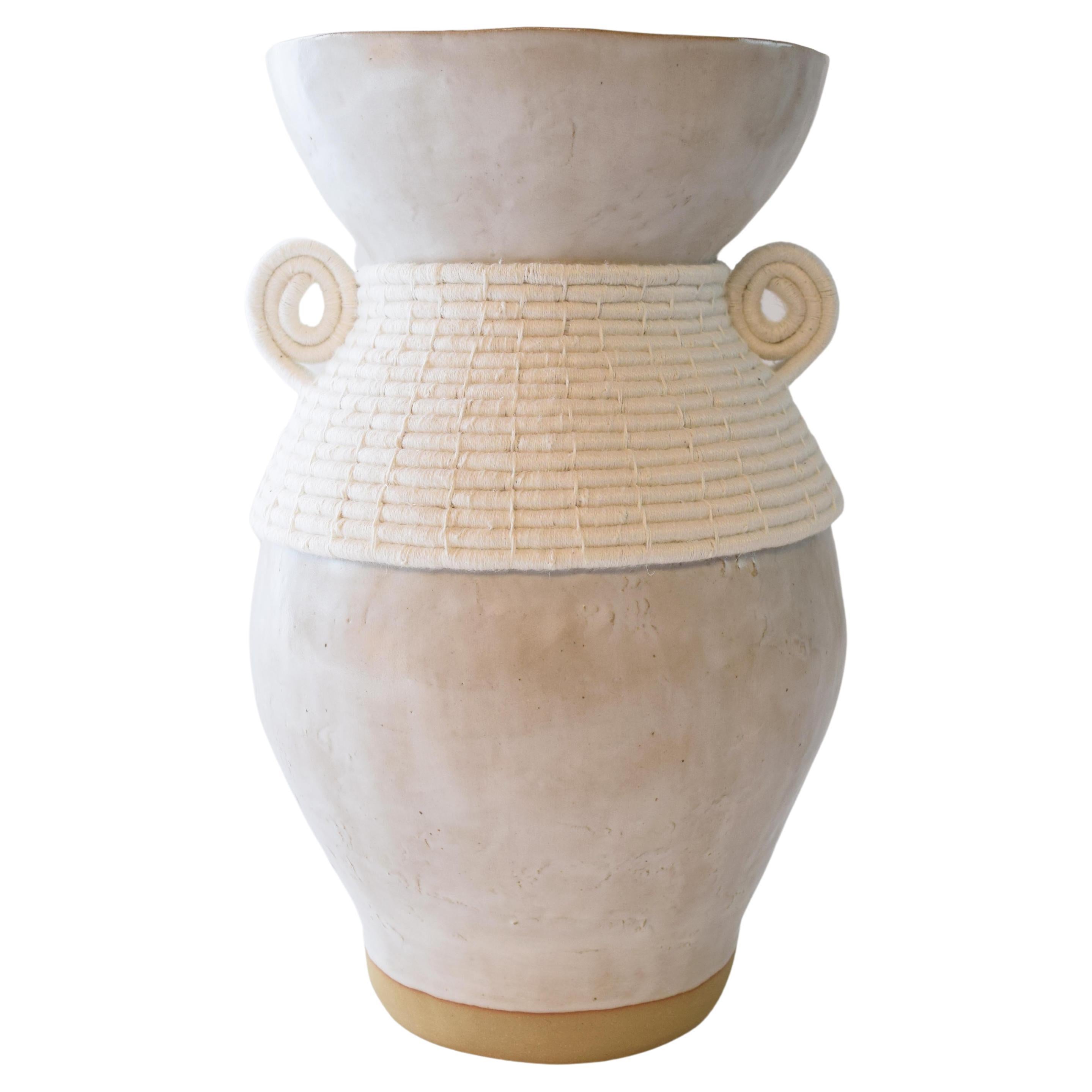 One of a Kind Ceramic Vase #766, Satin White Glaze & Woven Cotton Detail