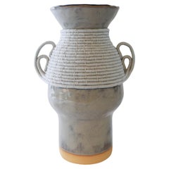 One of a Kind Ceramic Vase #767, Light Blue Glaze & Woven Cotton Detail