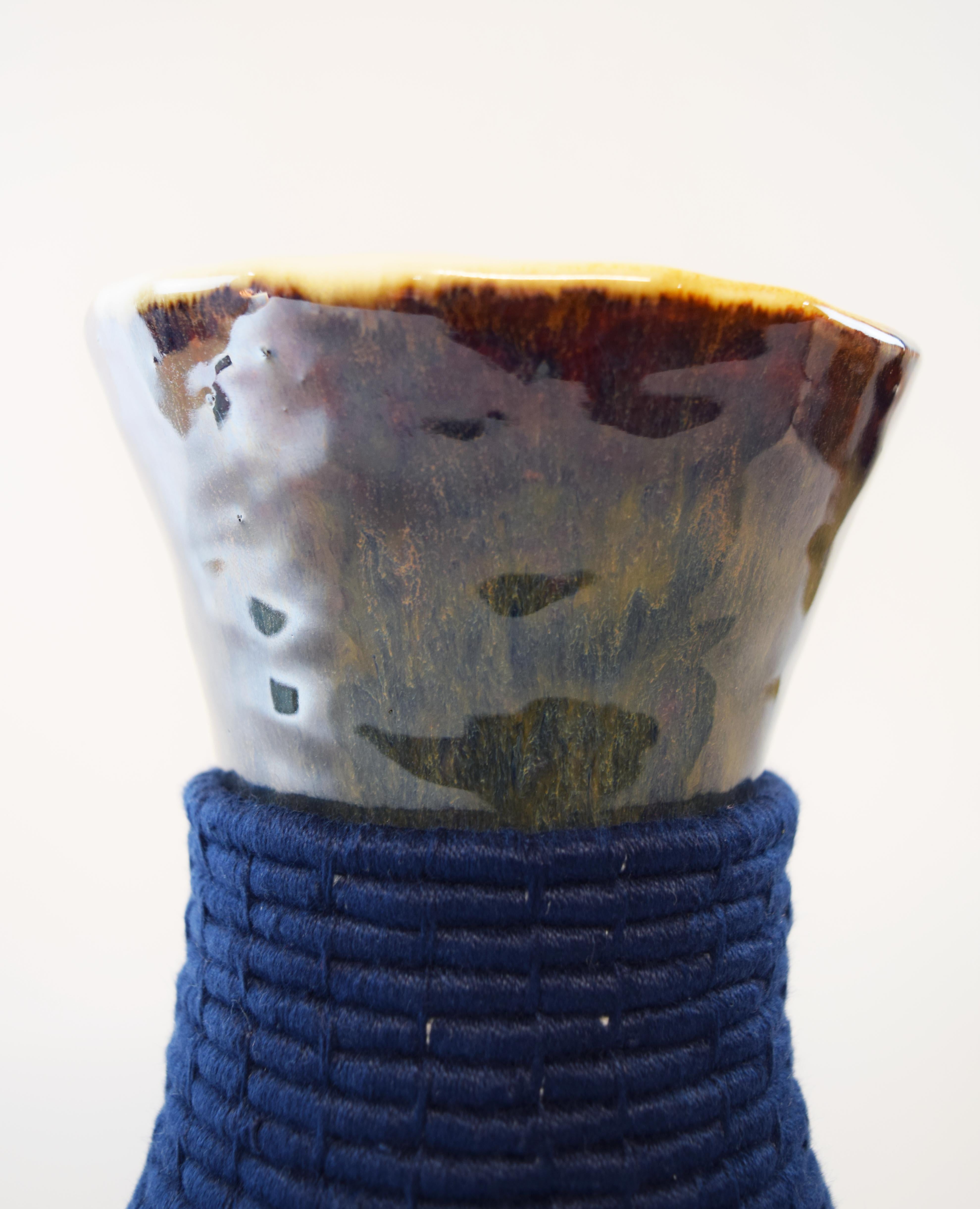 Organic Modern One of a Kind Ceramic Vase #768, Multi-Colored Glaze & Woven Navy Cotton Detail