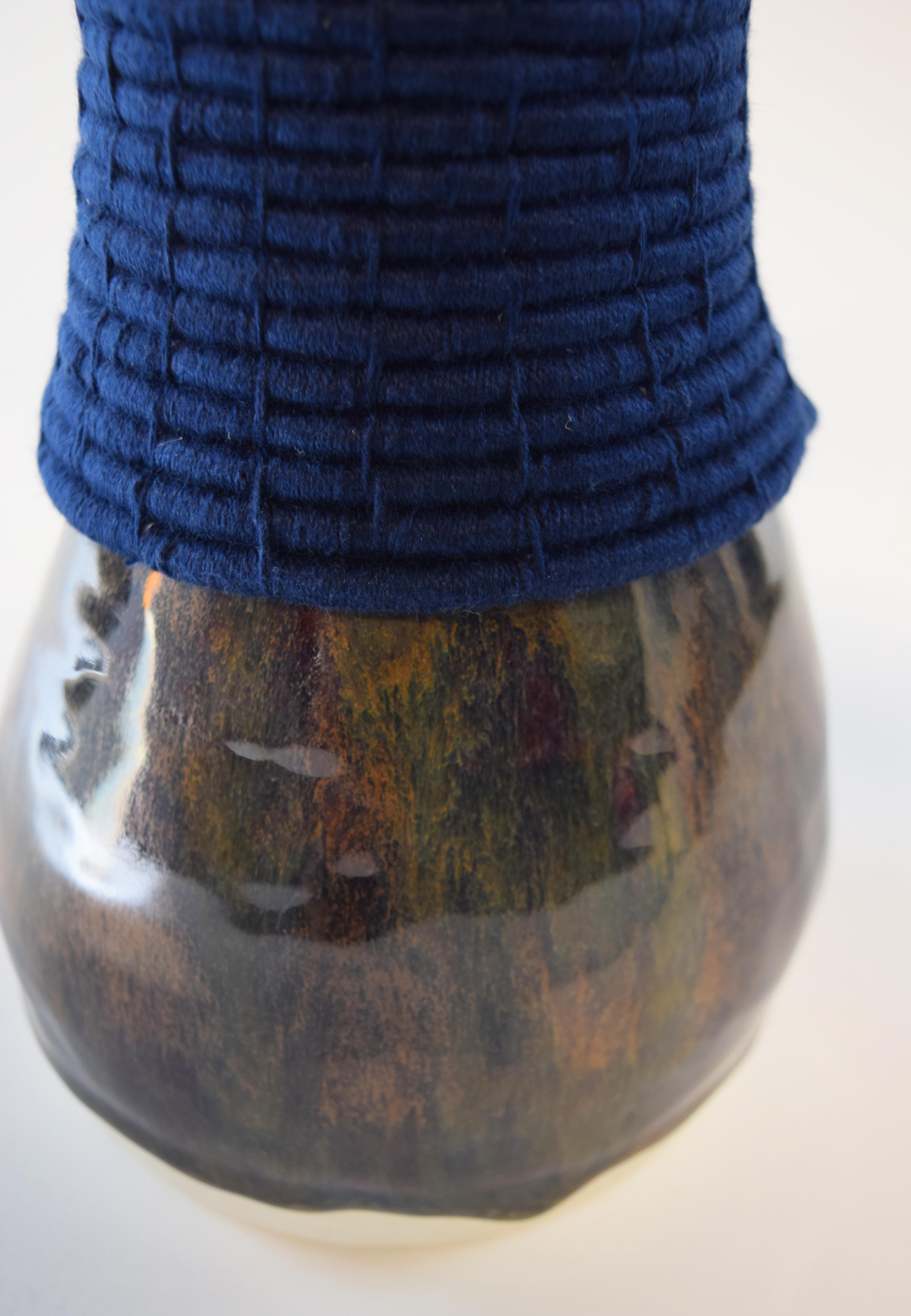 American One of a Kind Ceramic Vase #768, Multi-Colored Glaze & Woven Navy Cotton Detail