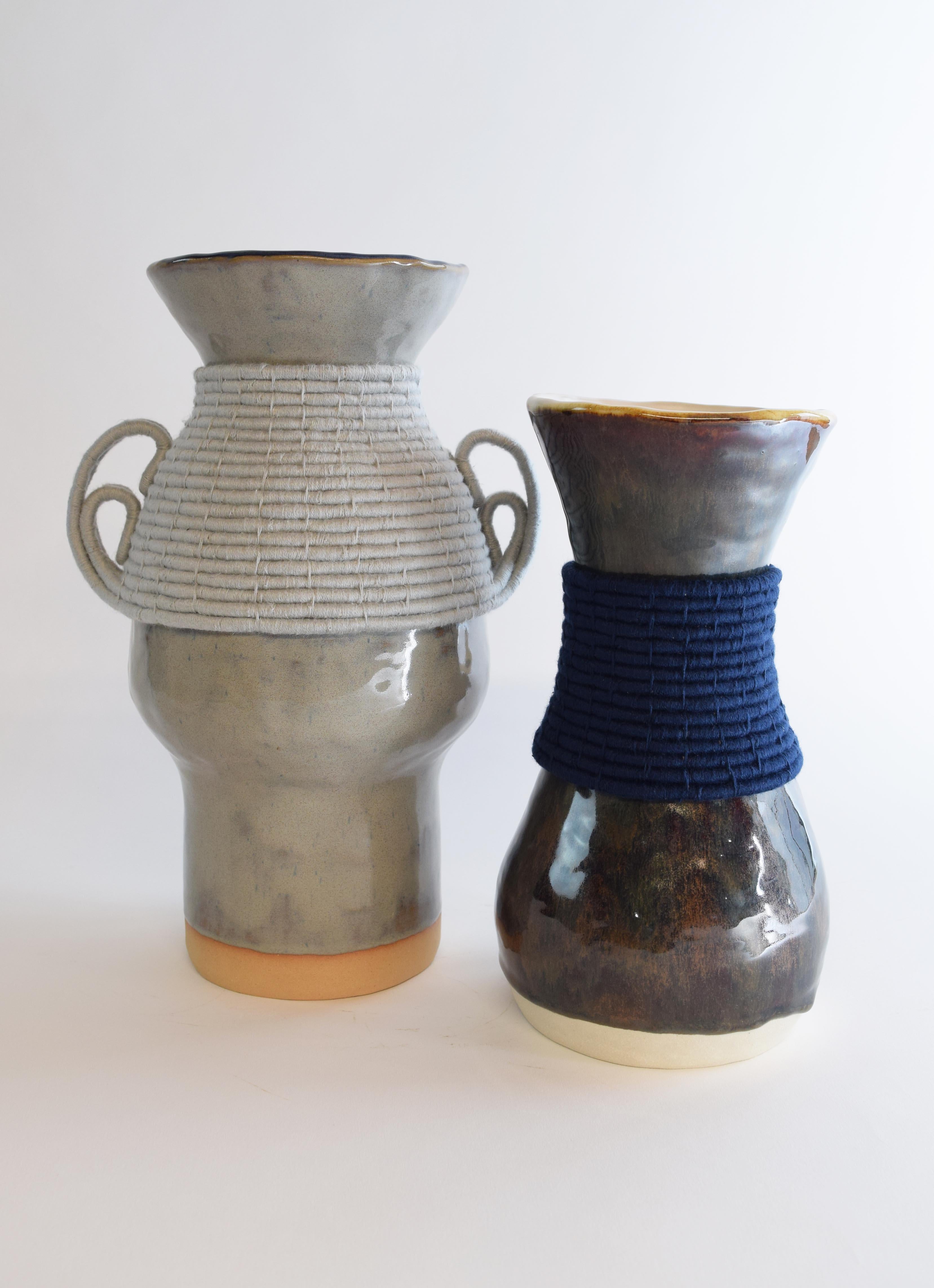 Hand-Knotted One of a Kind Ceramic Vase #768, Multi-Colored Glaze & Woven Navy Cotton Detail