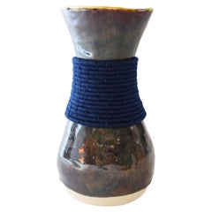 One of a Kind Ceramic Vase #768, Multi-Colored Glaze & Woven Navy Cotton Detail