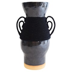 One of a Kind Ceramic Vase #774, Black Glaze, Woven Black Cotton Surround