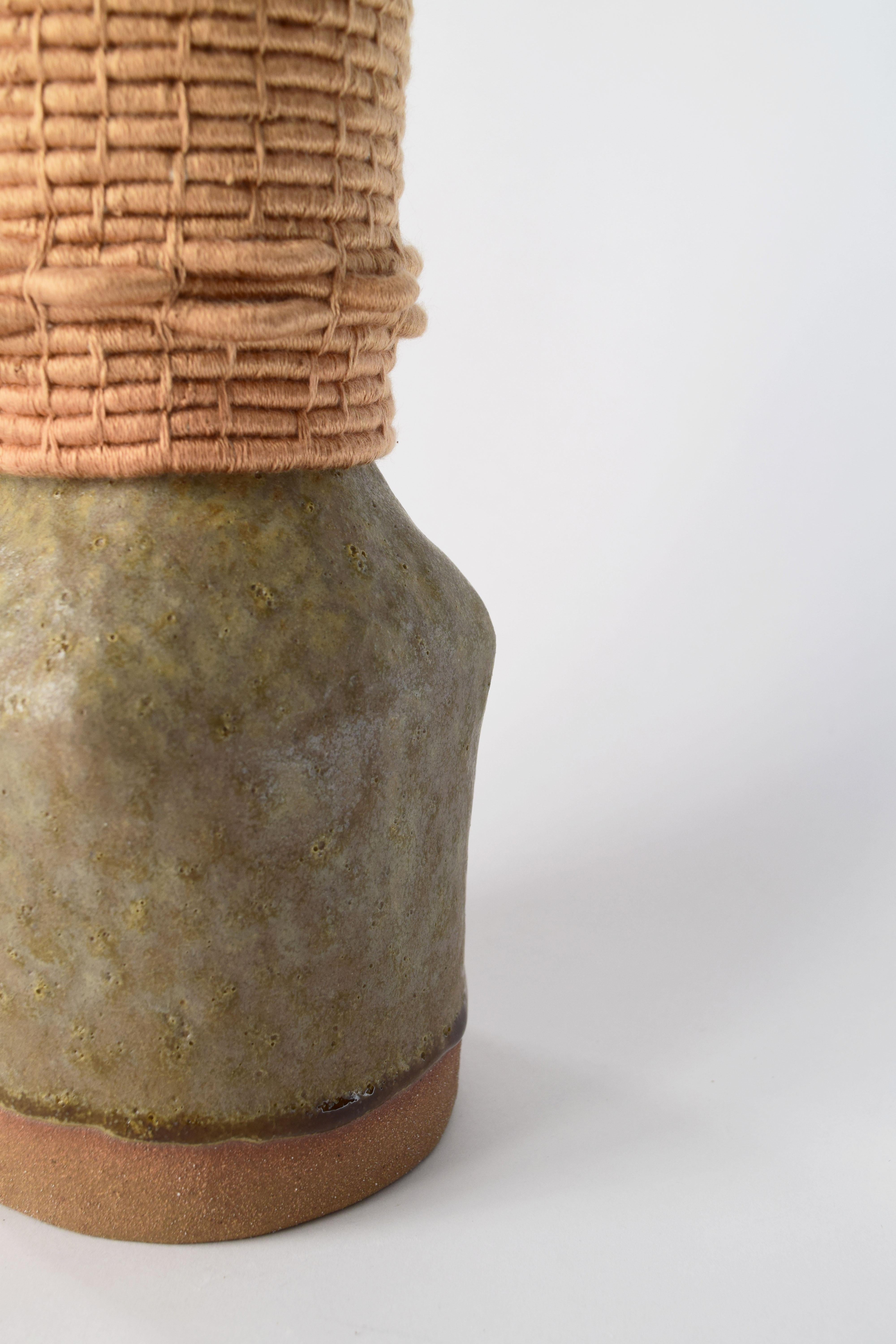 American One of a Kind Ceramic Vase with Woven Golden Tencel Detail, Reactive Olive Glaze