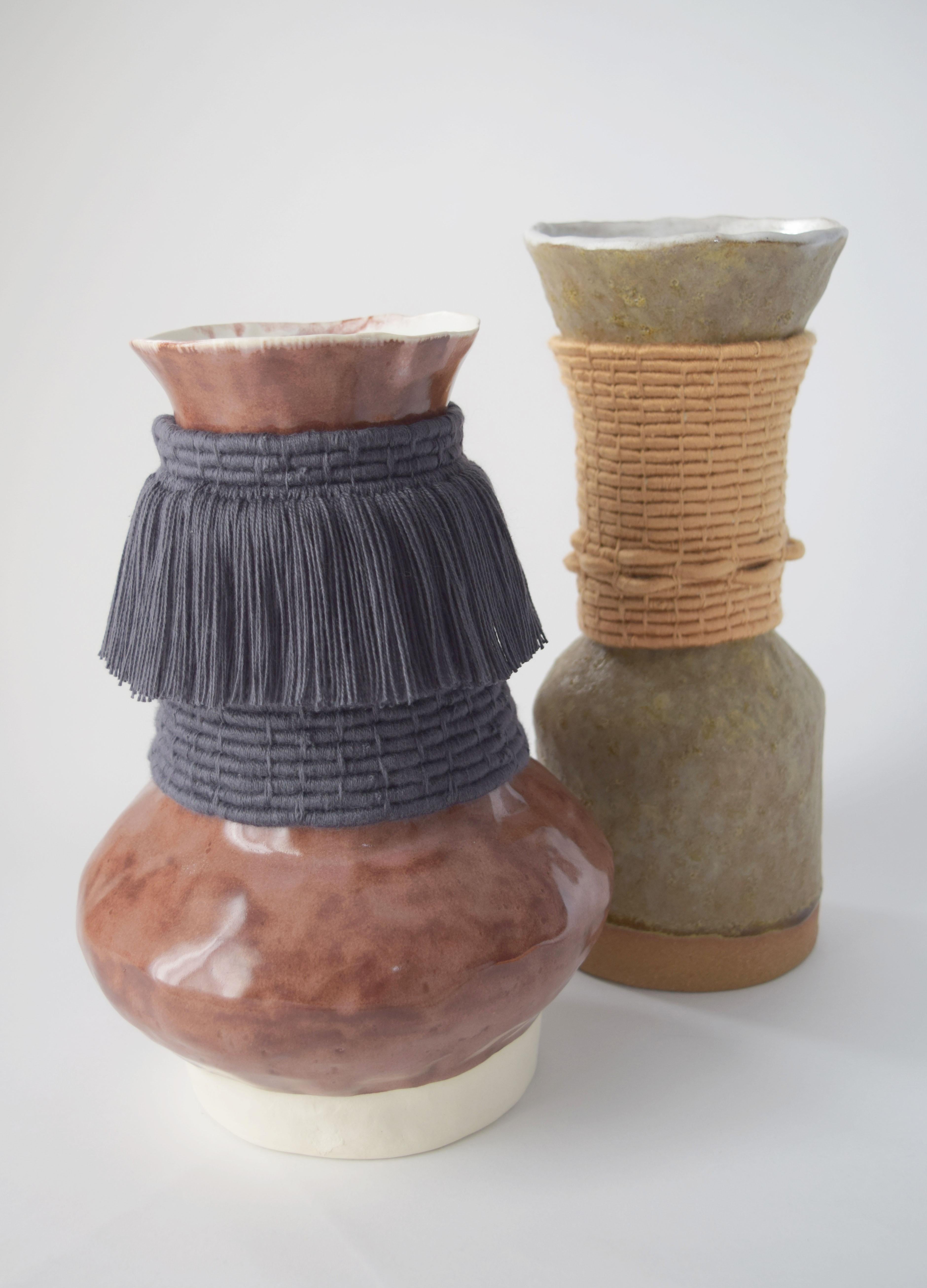 Hand-Woven One of a Kind Ceramic Vase with Woven Golden Tencel Detail, Reactive Olive Glaze