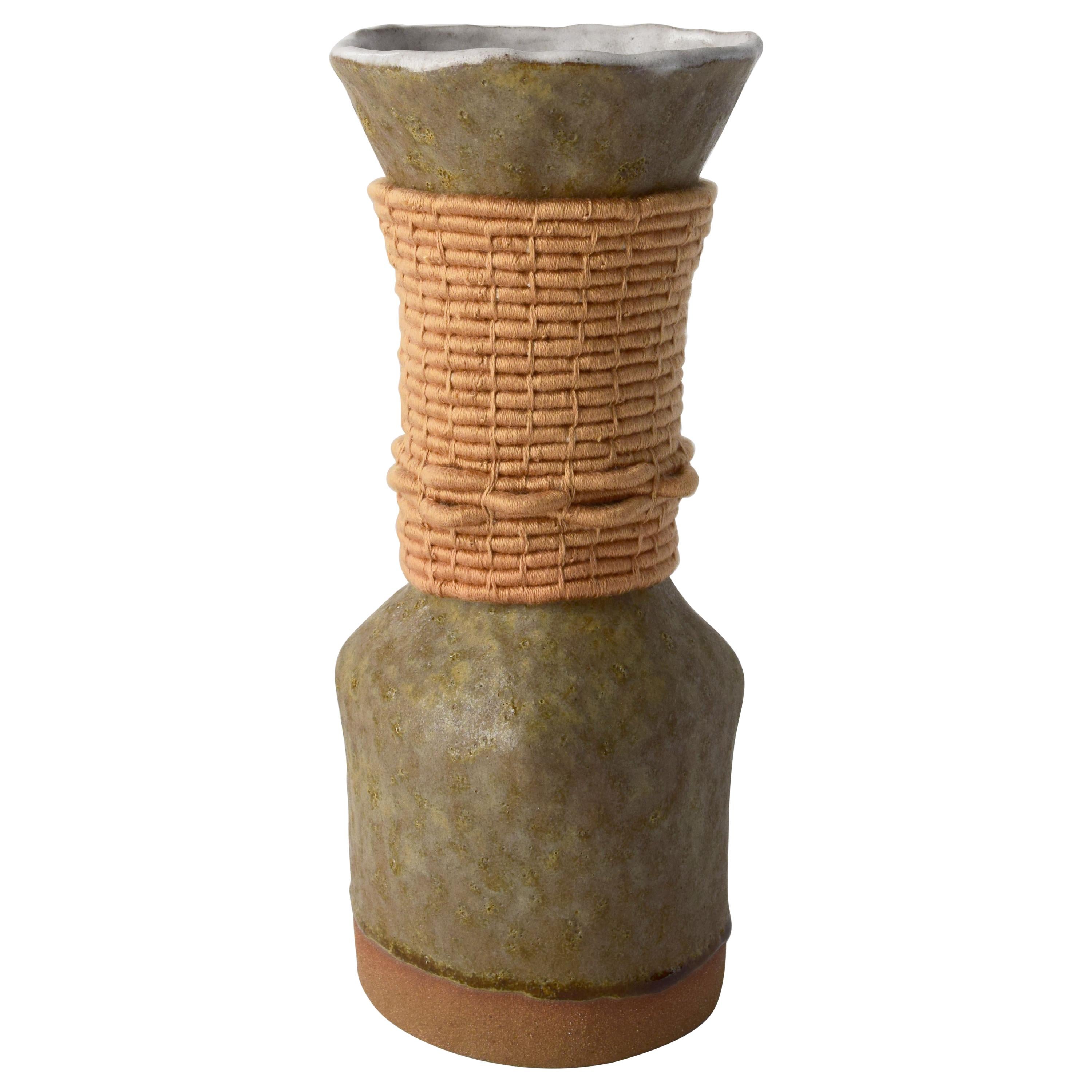 One of a Kind Ceramic Vase with Woven Golden Tencel Detail, Reactive Olive Glaze