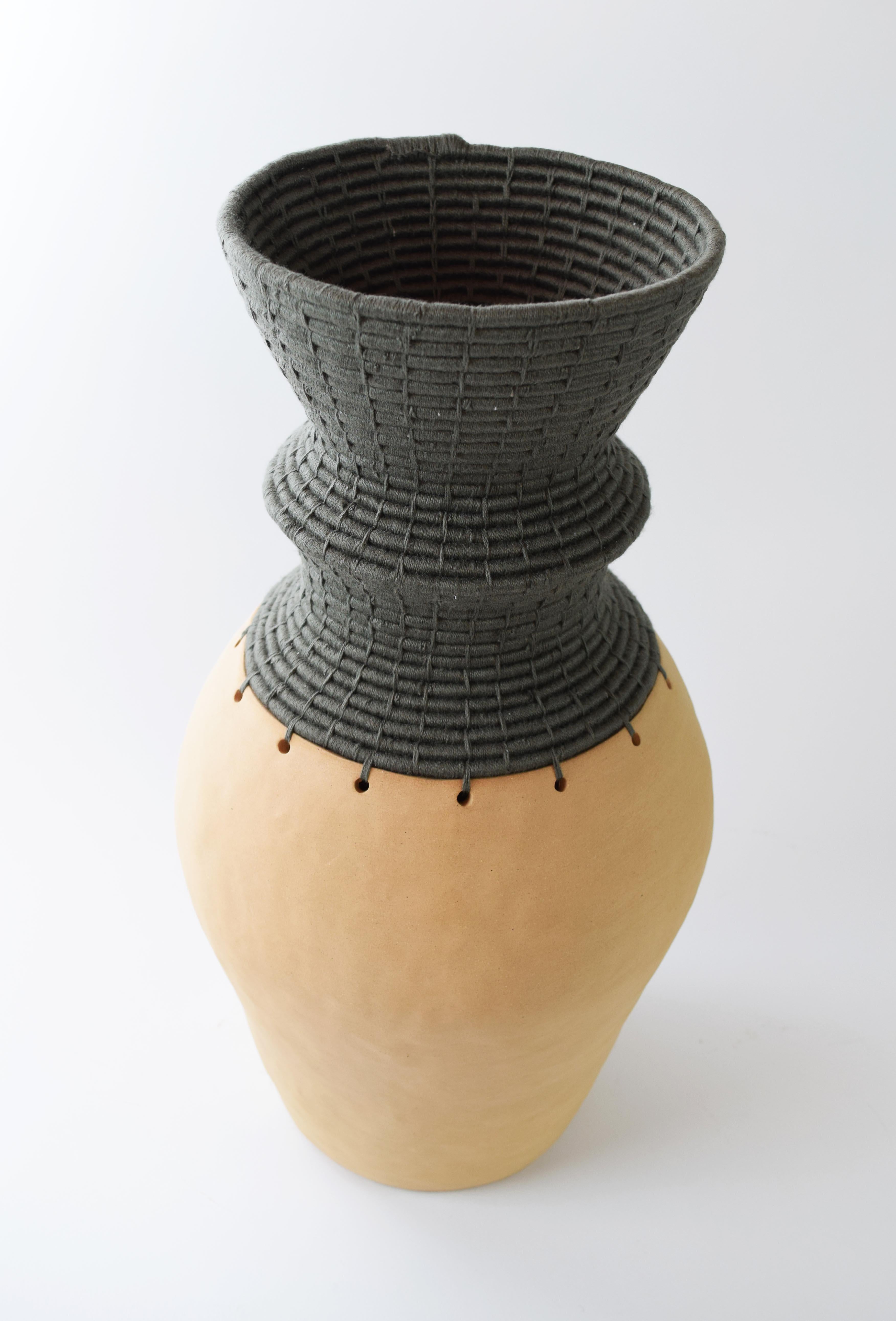 Organic Modern One of a Kind Ceramic Vessel #773, Unglazed Stoneware w. Olive Woven Cotton