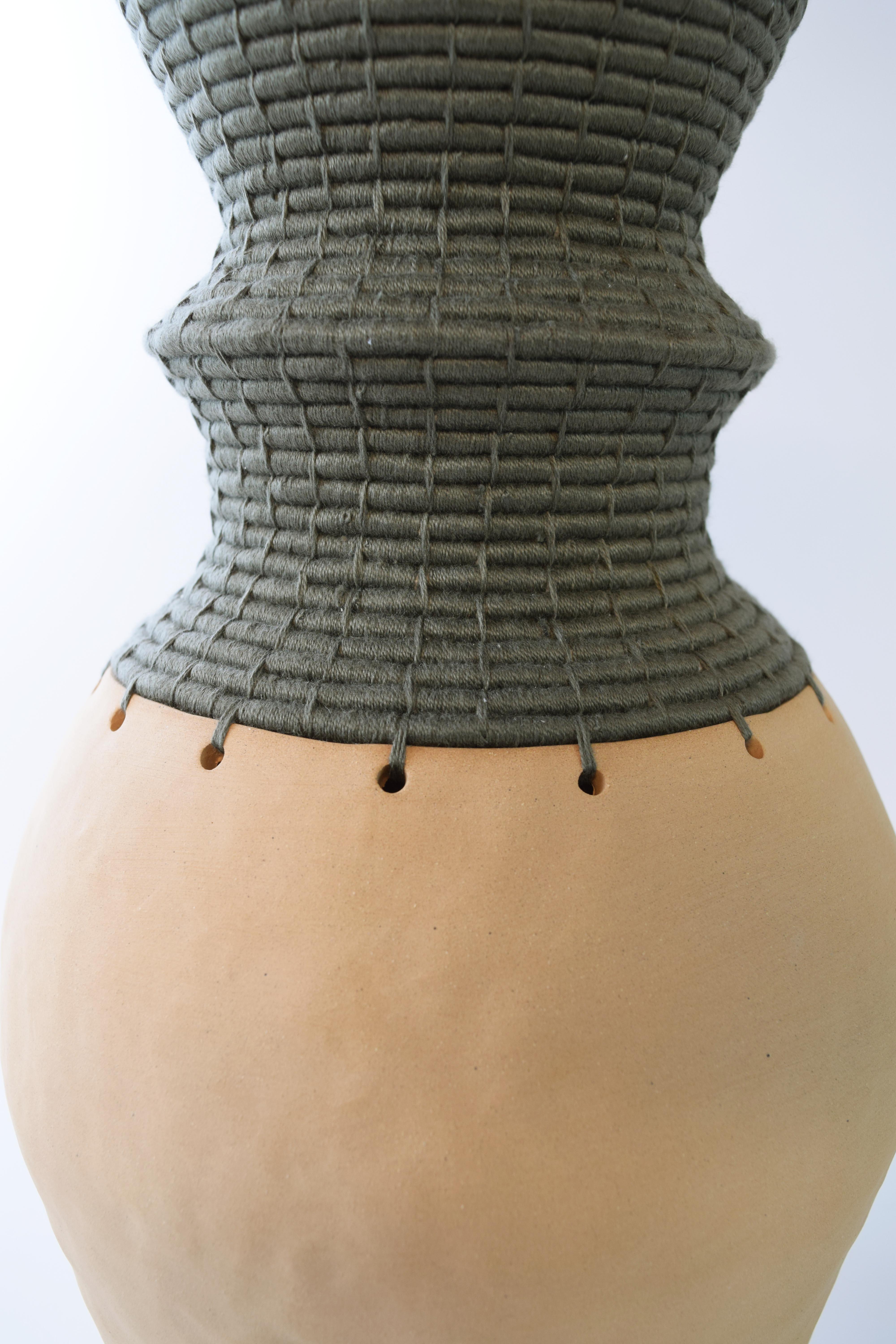 Hand-Crafted One of a Kind Ceramic Vessel #773, Unglazed Stoneware w. Olive Woven Cotton
