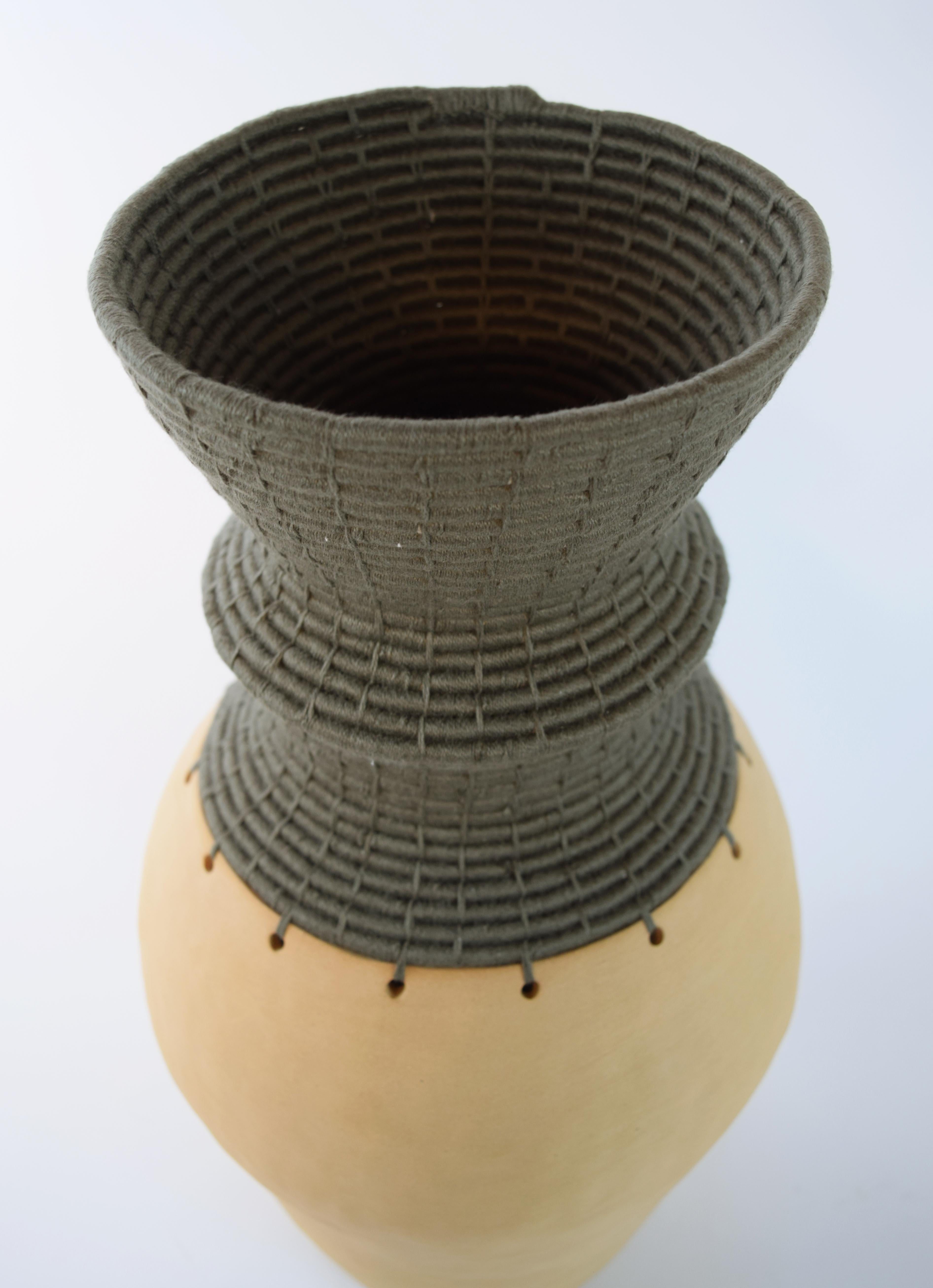 One of a Kind Ceramic Vessel #773, Unglazed Stoneware w. Olive Woven Cotton In New Condition In Proctorsville, VT