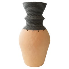 One of a Kind Ceramic Vessel #773, Unglazed Stoneware w. Olive Woven Cotton