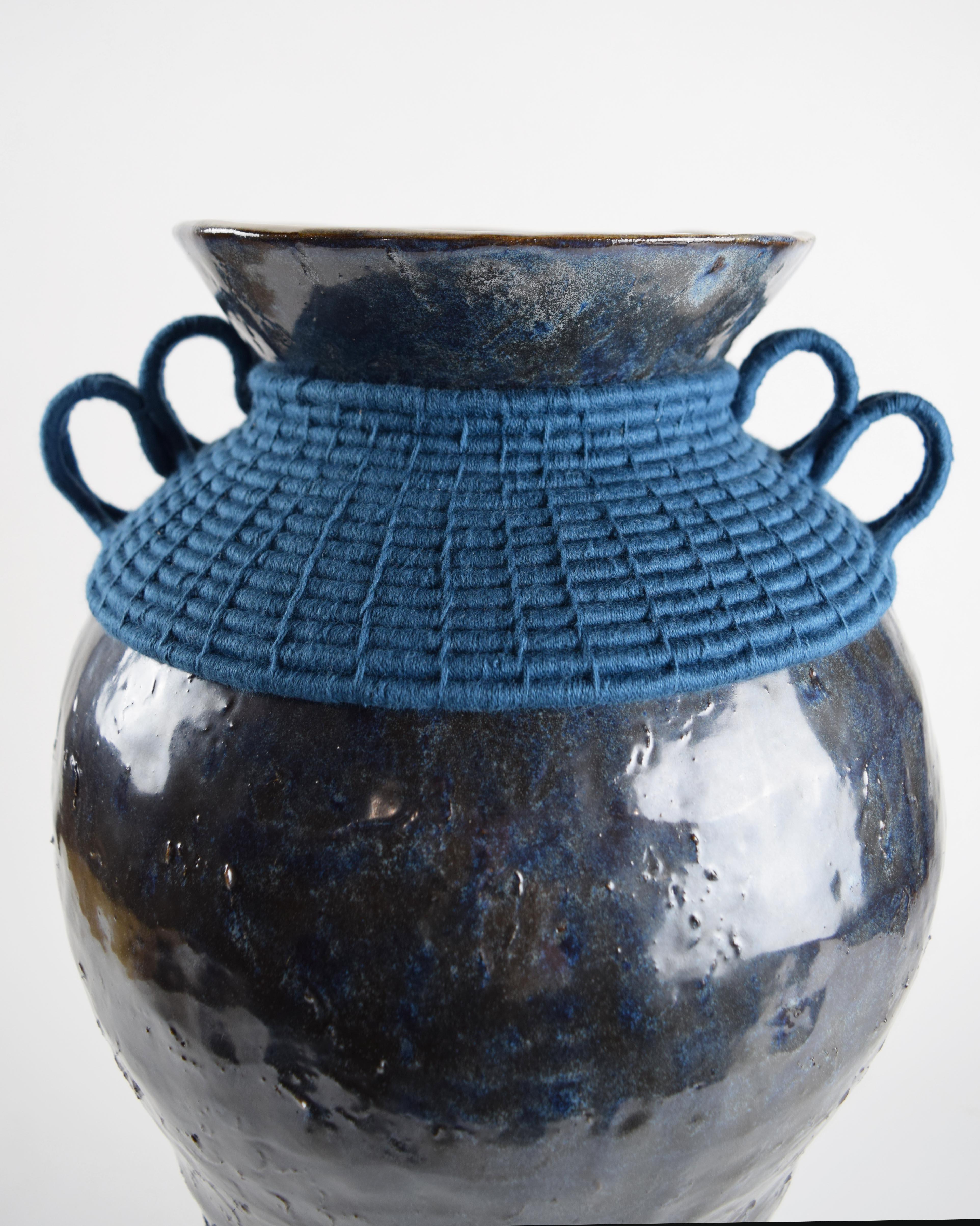 Organic Modern One of a Kind Ceramic & Woven Fiber Vase #833, Blue-Gray Glaze & Cotton Details