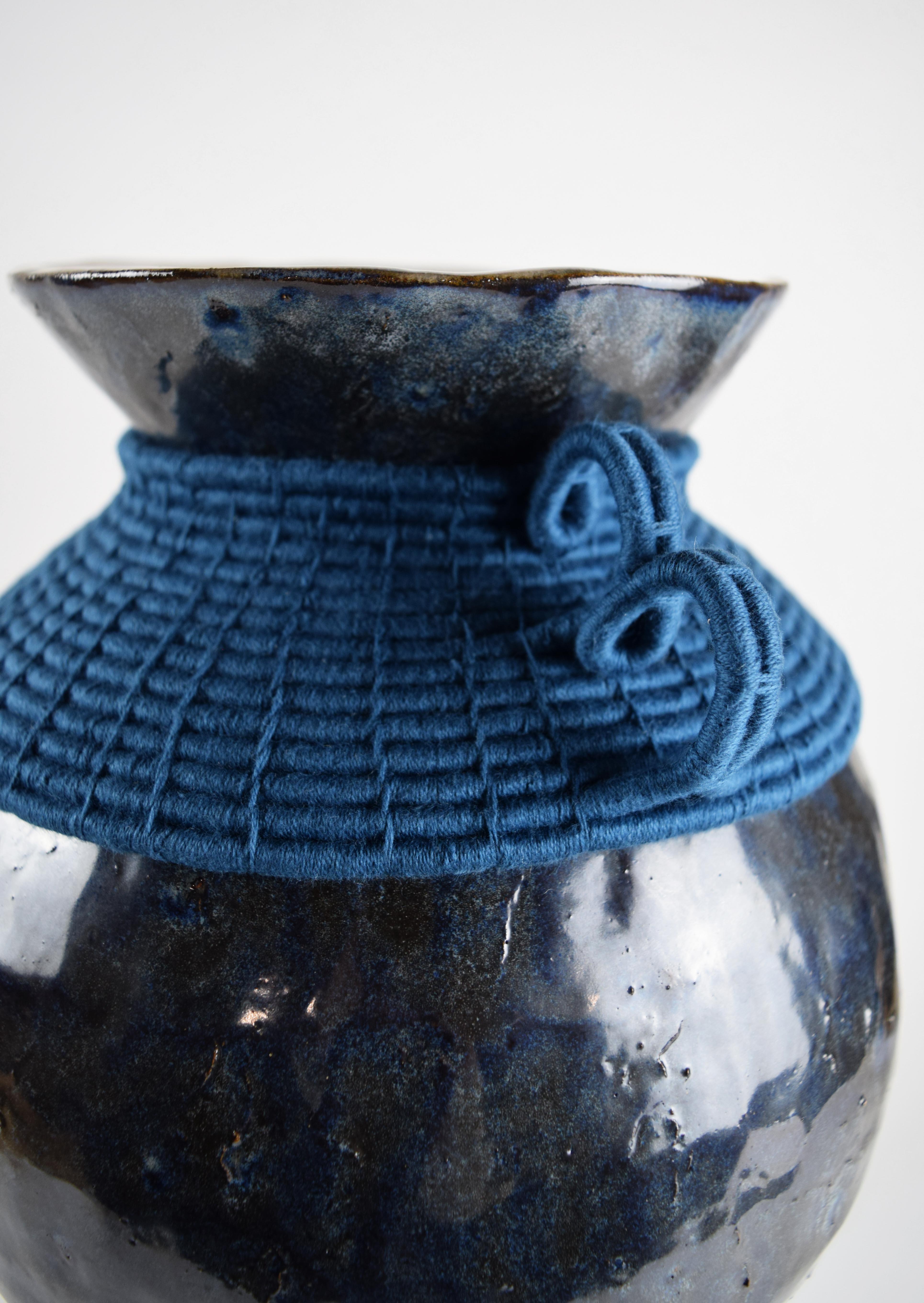American One of a Kind Ceramic & Woven Fiber Vase #833, Blue-Gray Glaze & Cotton Details