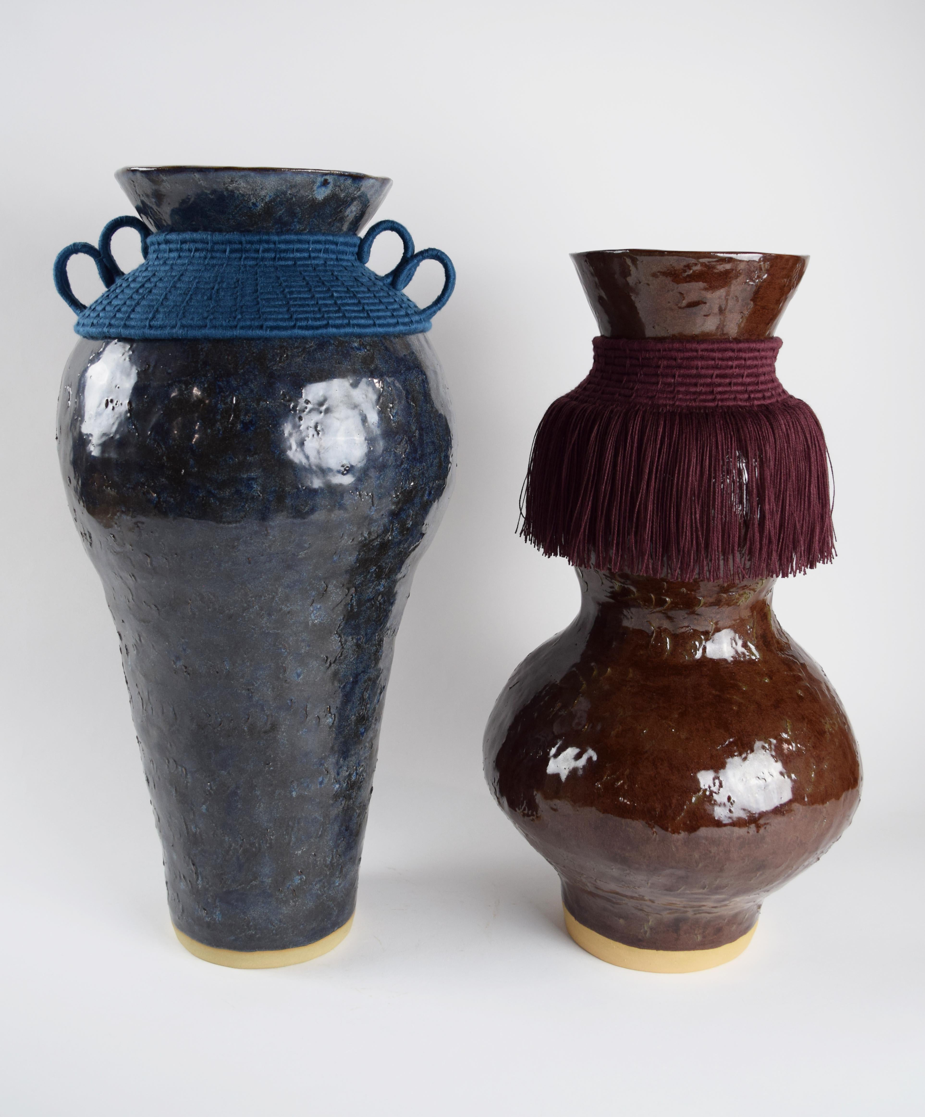 Hand-Crafted One of a Kind Ceramic & Woven Fiber Vase #833, Blue-Gray Glaze & Cotton Details