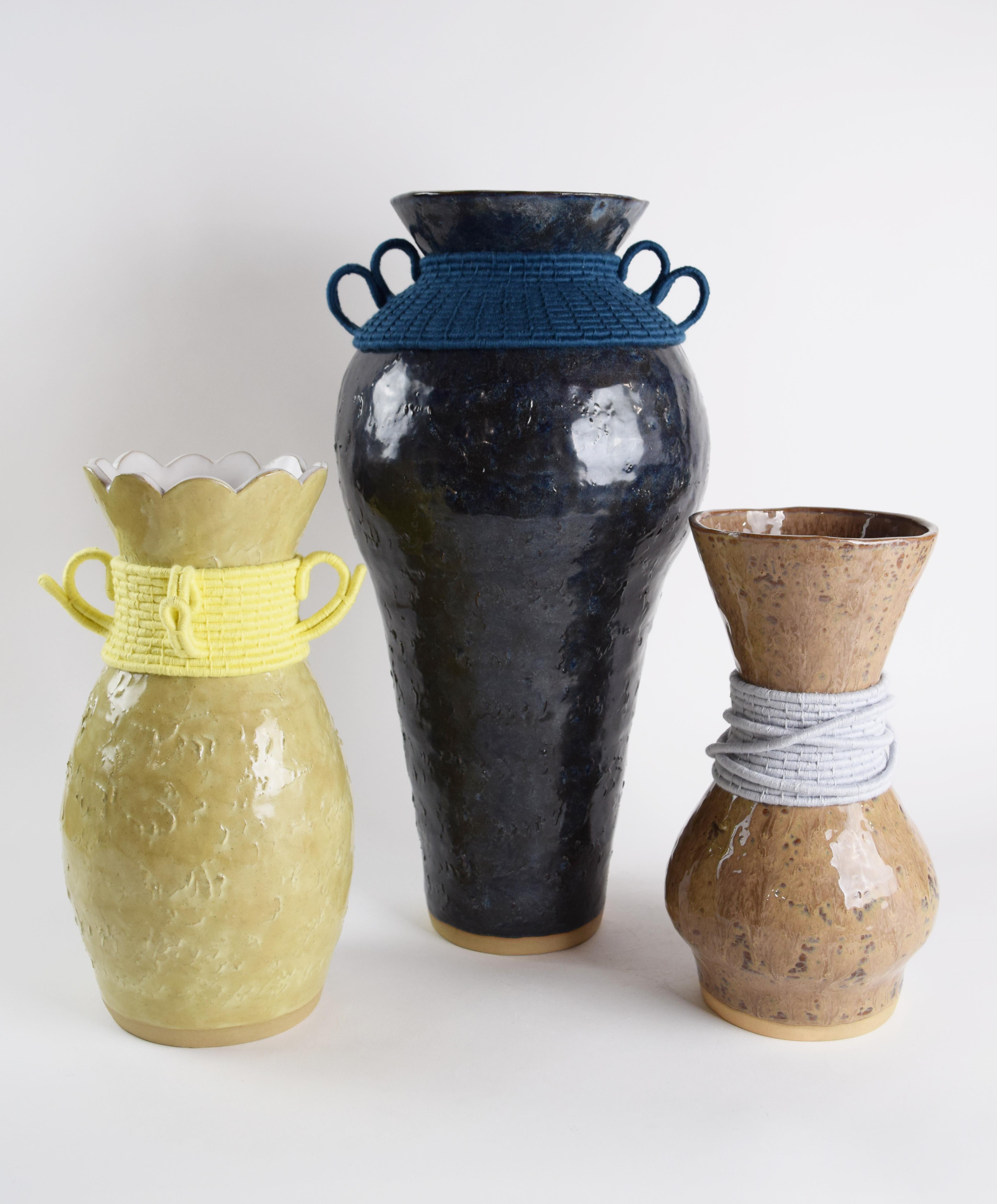One of a Kind Ceramic & Woven Fiber Vase #833, Blue-Gray Glaze & Cotton Details In New Condition In Proctorsville, VT