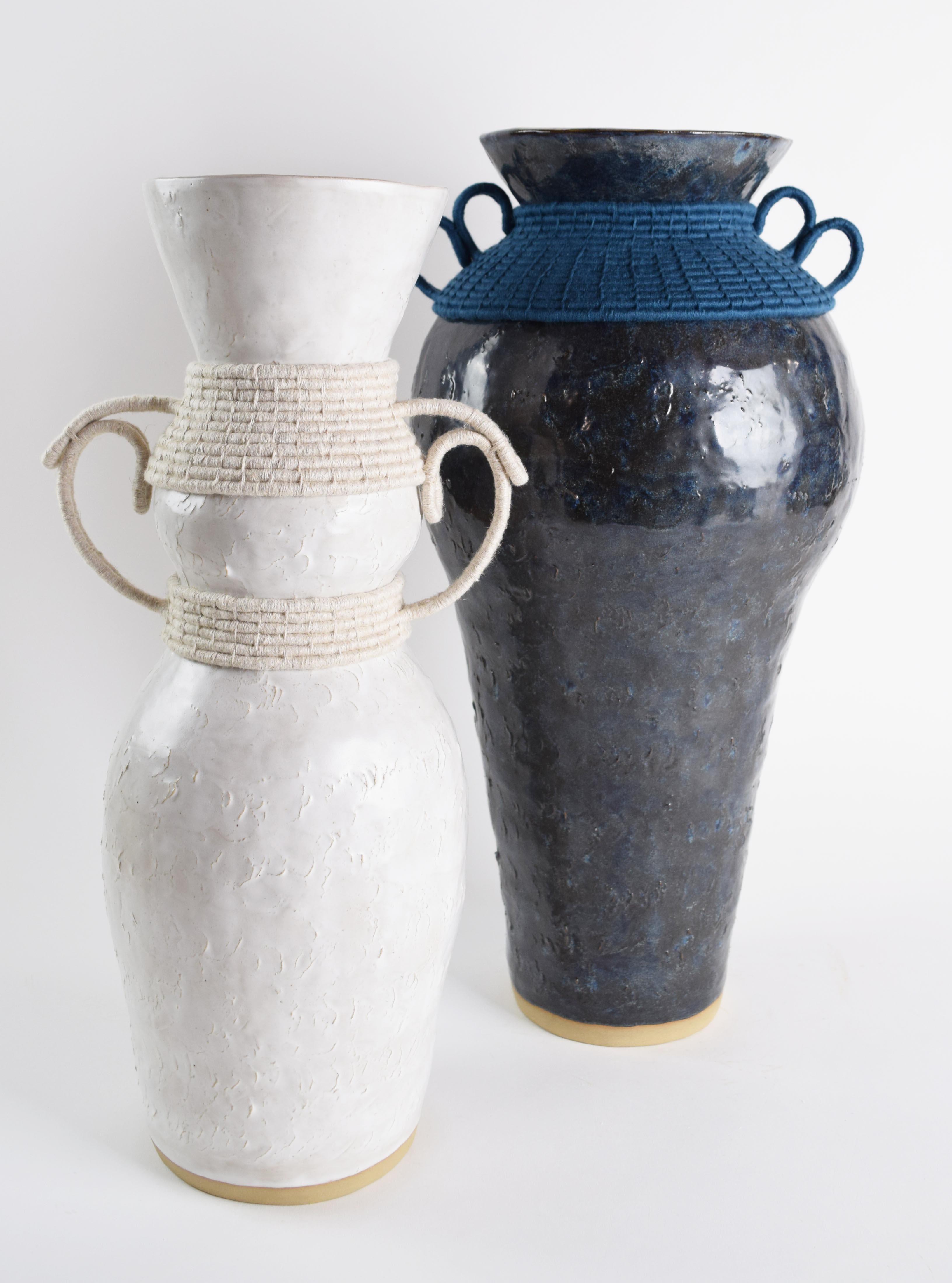 Contemporary One of a Kind Ceramic & Woven Fiber Vase #833, Blue-Gray Glaze & Cotton Details