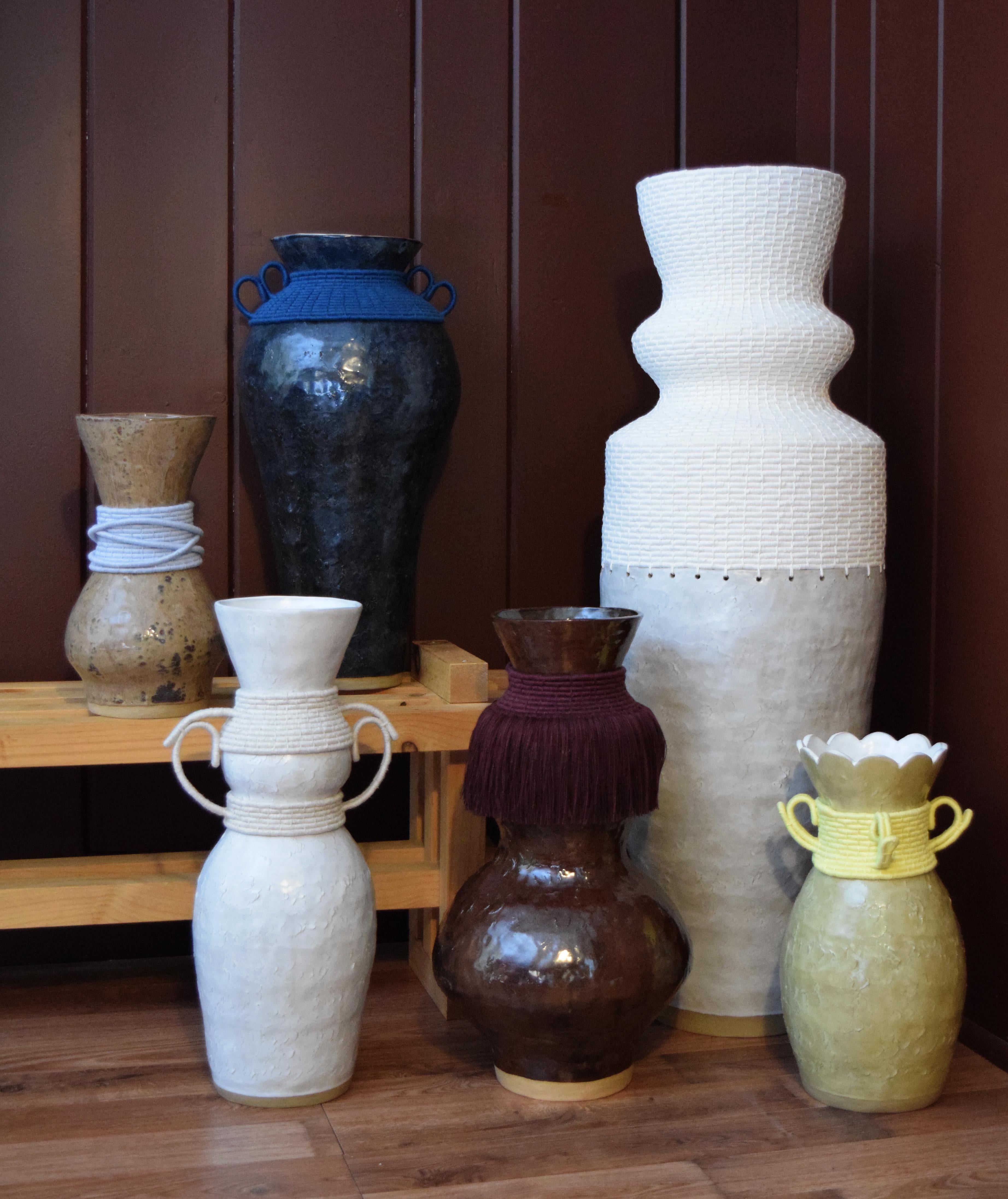 One of a Kind Ceramic & Woven Fiber Vase #833, Blue-Gray Glaze & Cotton Details 1