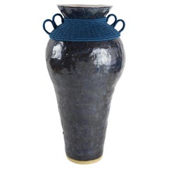 One of a Kind Ceramic & Woven Fiber Vase #833, Blue-Gray Glaze & Cotton Details