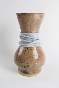 One of a Kind Ceramic & Woven Fiber Vase #835 Taupe Glaze & Pale Lavender Cotton