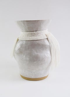 One of a Kind Ceramic & Woven Fiber Vase #842 - Satin White Glaze & White Cotton