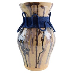 Vaso in ceramica e fibra intrecciata unico nel suo genere #843 - Smalto a goccia e cotone blu navy