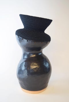 One of a Kind Ceramic & Woven Fiber Vessel #761, Satin Black Glaze, Black Cotton