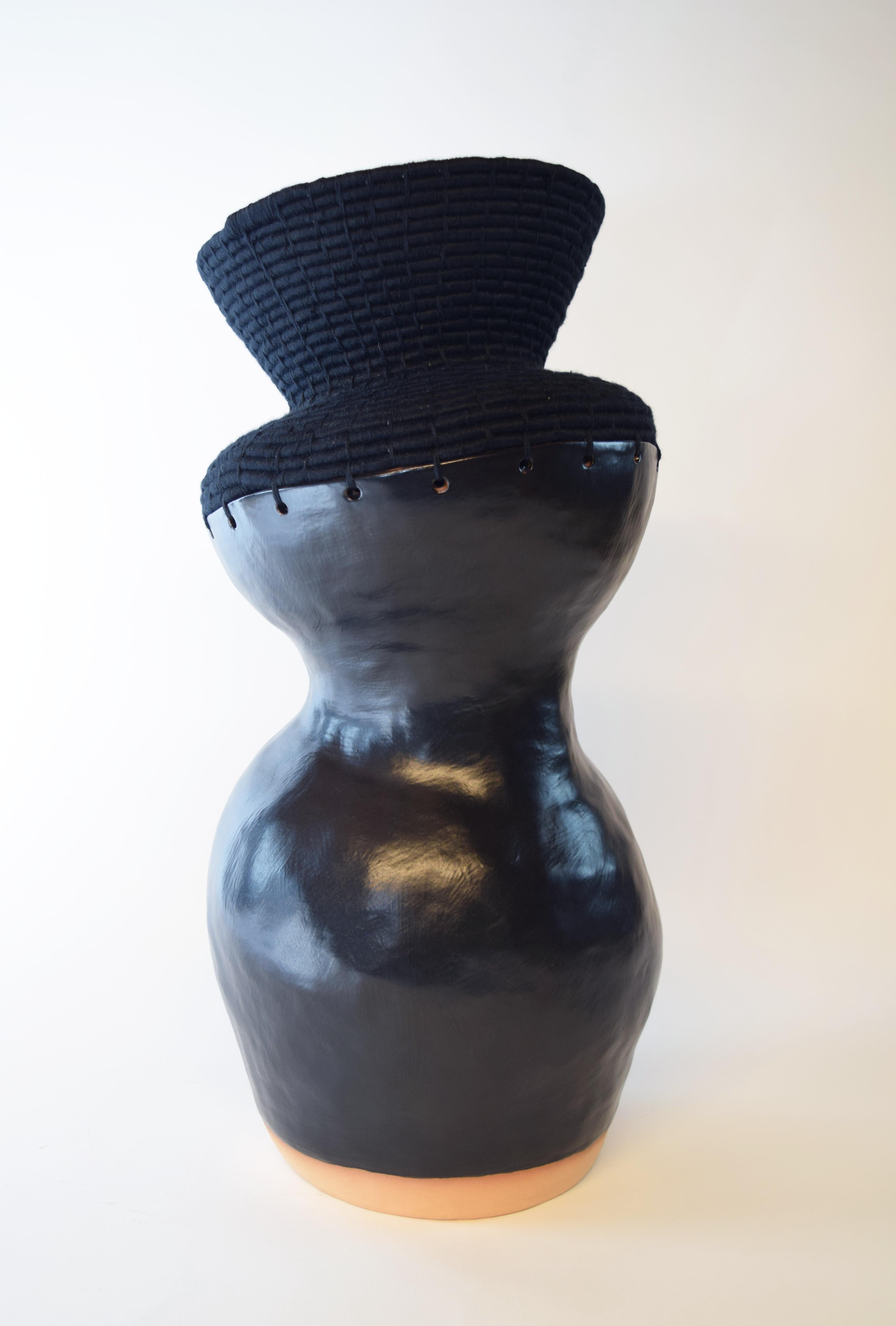 American One of a Kind Ceramic & Woven Fiber Vessel #761, Satin Black Glaze, Black Cotton For Sale