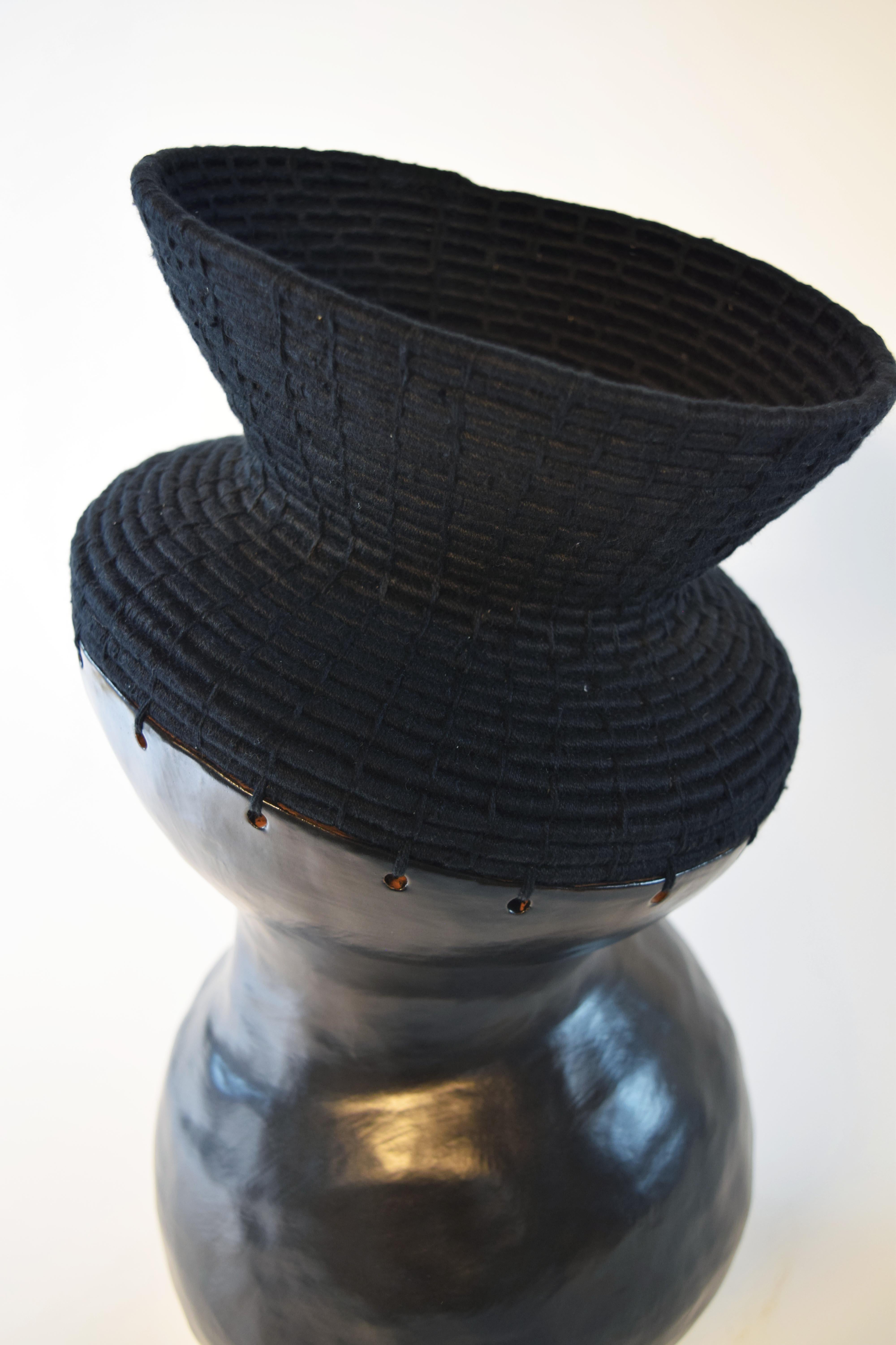 One of a Kind Ceramic & Woven Fiber Vessel #761, Satin Black Glaze, Black Cotton In New Condition In Proctorsville, VT