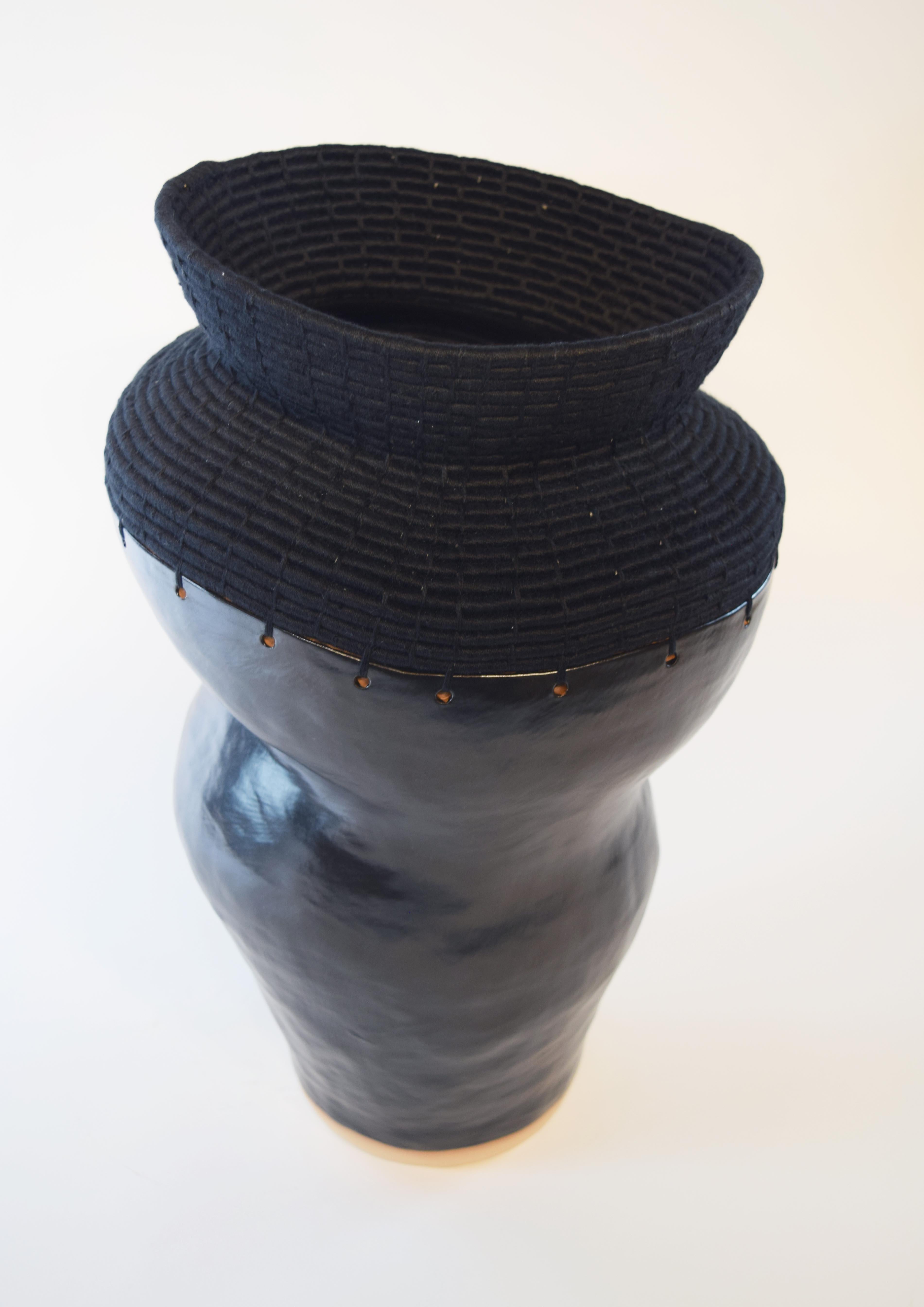 American One of a Kind Ceramic & Woven Fiber Vessel #762, Satin Black Glaze, Black Cotton For Sale