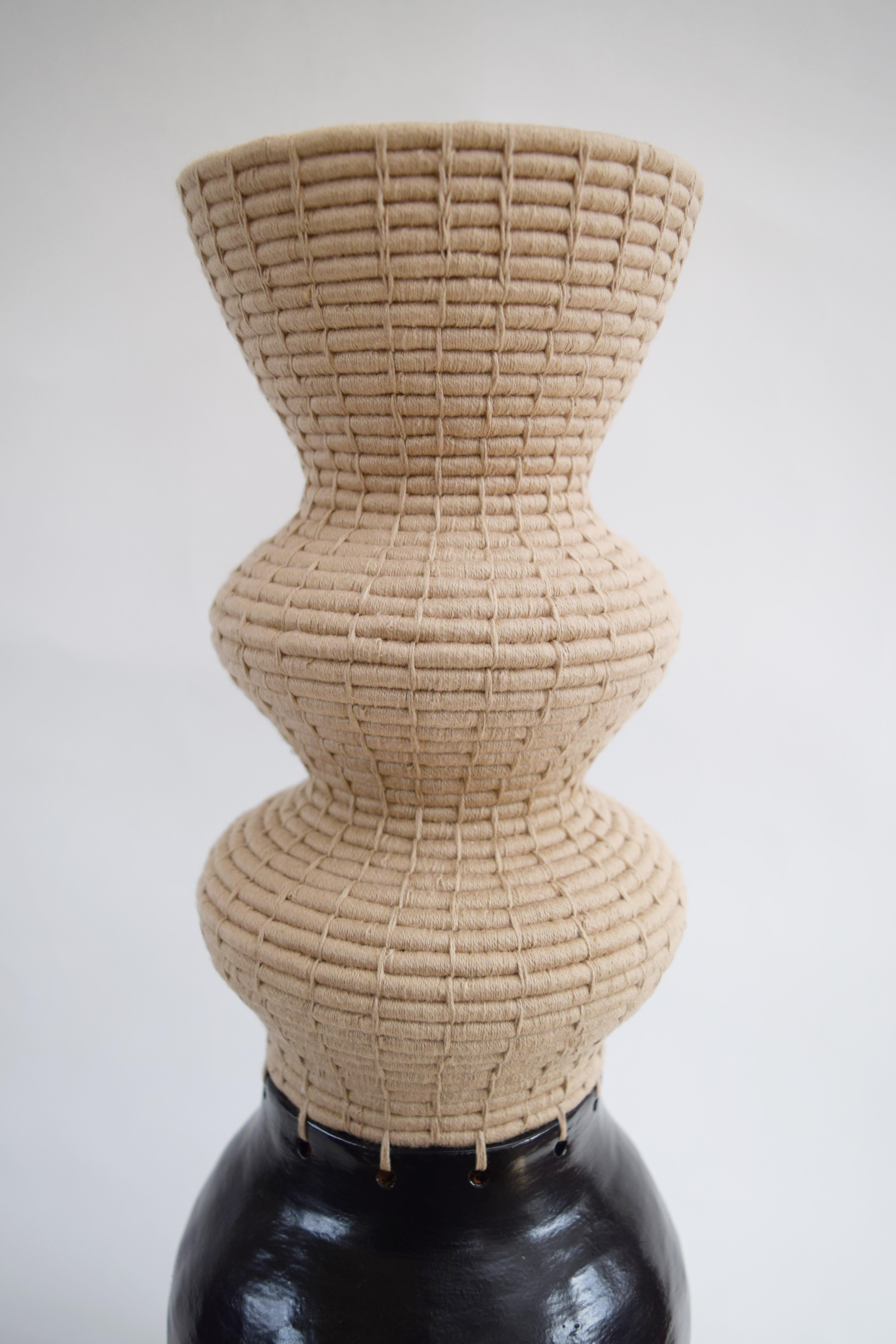 Organic Modern One of a Kind Ceramic & Woven Fiber Vessel #822, Satin Black Glaze, Tan Cotton For Sale