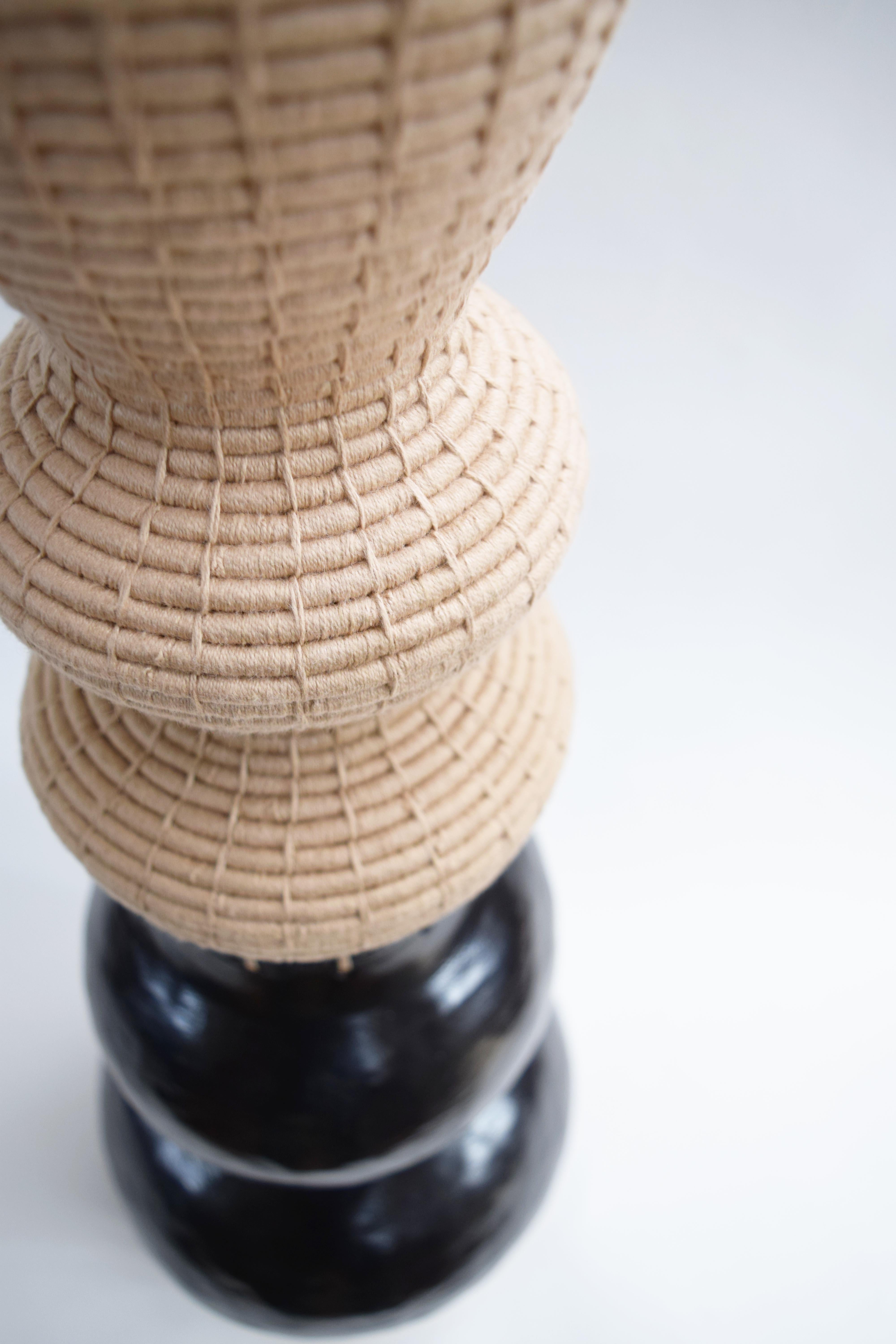 American One of a Kind Ceramic & Woven Fiber Vessel #822, Satin Black Glaze, Tan Cotton For Sale