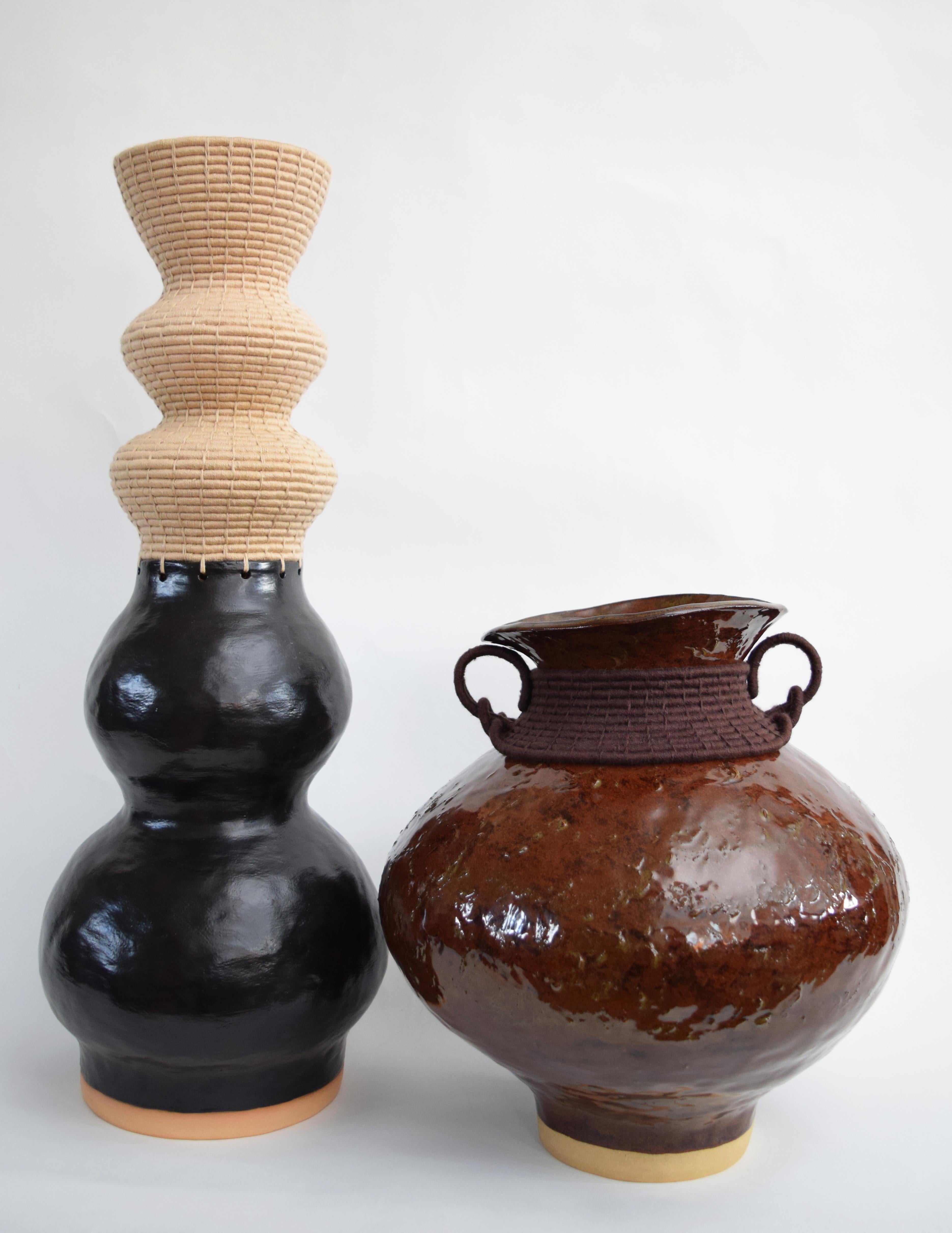 Hand-Crafted One of a Kind Ceramic & Woven Fiber Vessel #822, Satin Black Glaze, Tan Cotton For Sale